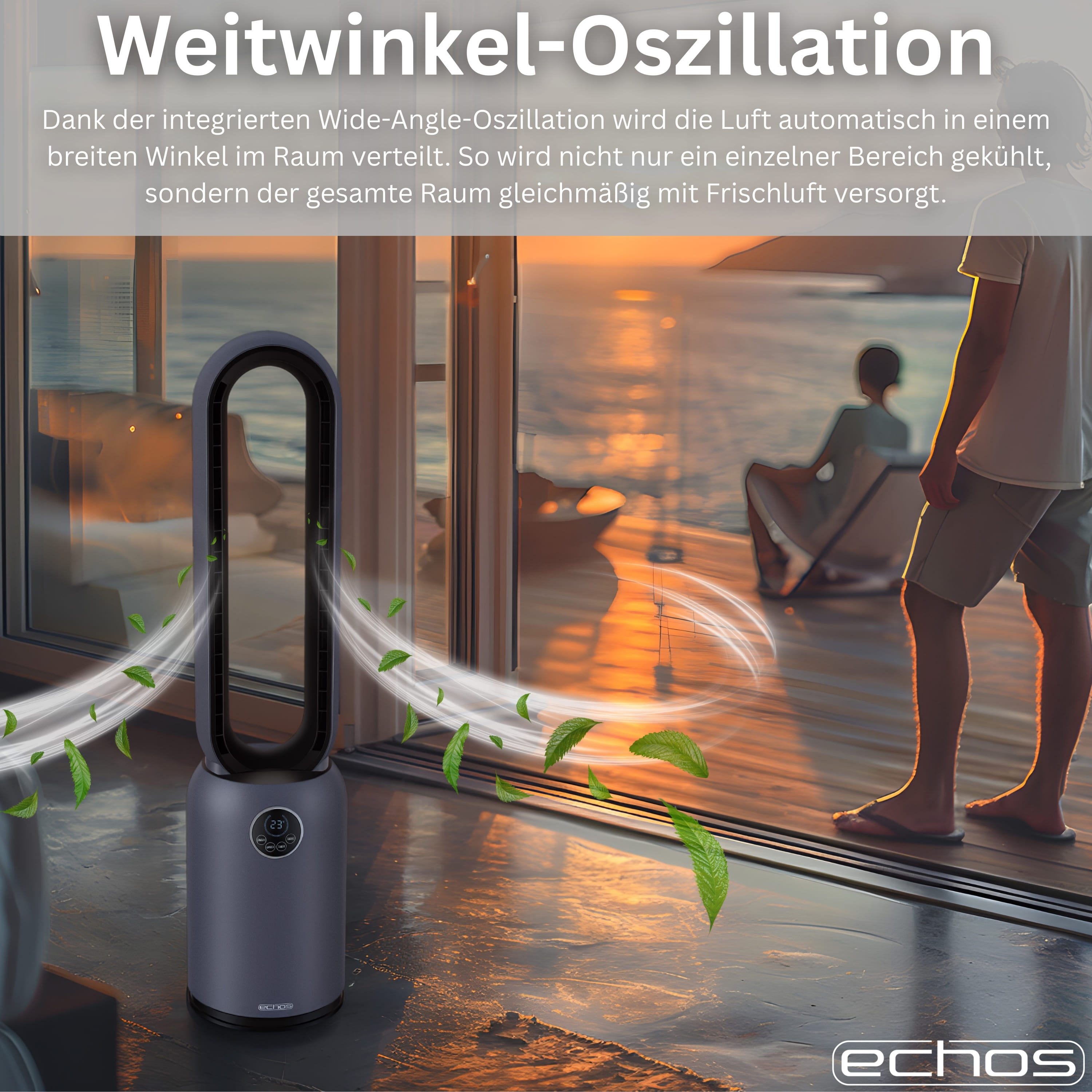 Ein schlanker, grauer Ventilator verteilt Luft mit grünen Blättern in einem Raum bei Sonnenuntergang.