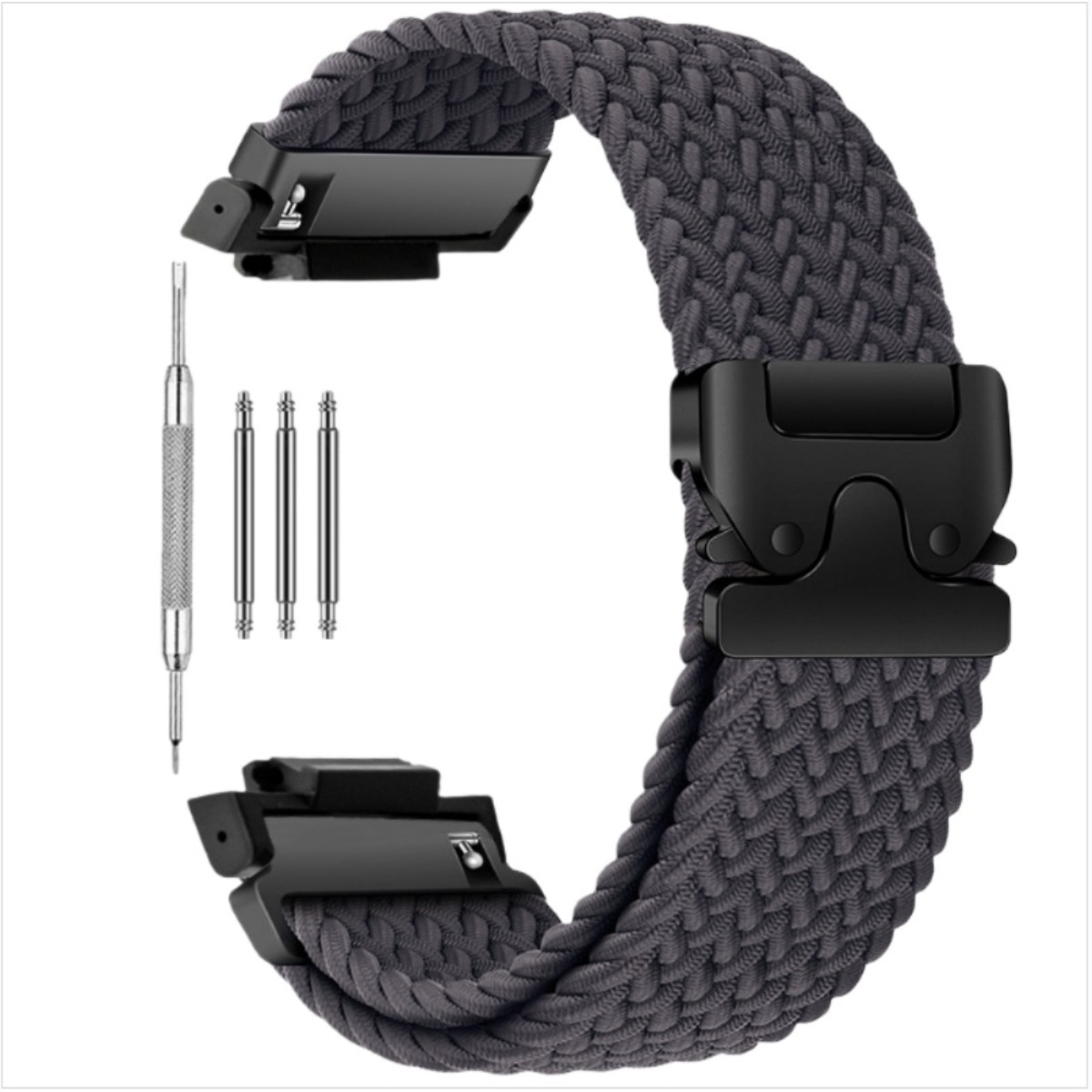 Cinturino per orologio intrecciato grigio con fibbia nera e strumento.