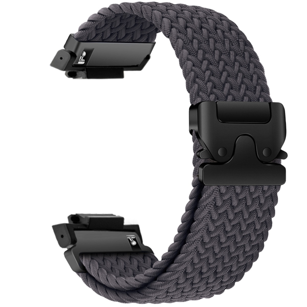 Cinturino per orologio intrecciato grigio con chiusura in metallo nero.