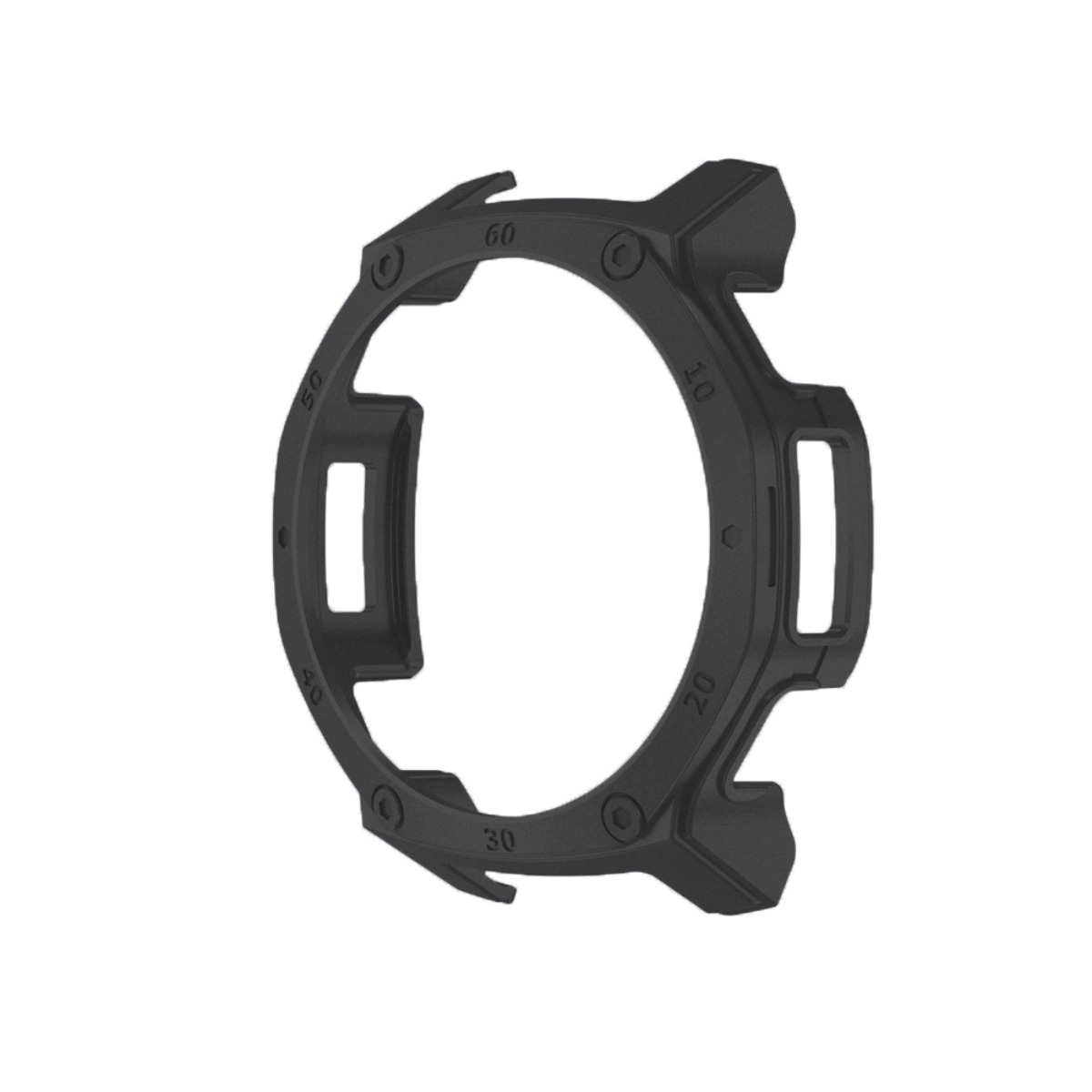 Anello protettivo nero per orologio con segni 10-60. Sfondo bianco.