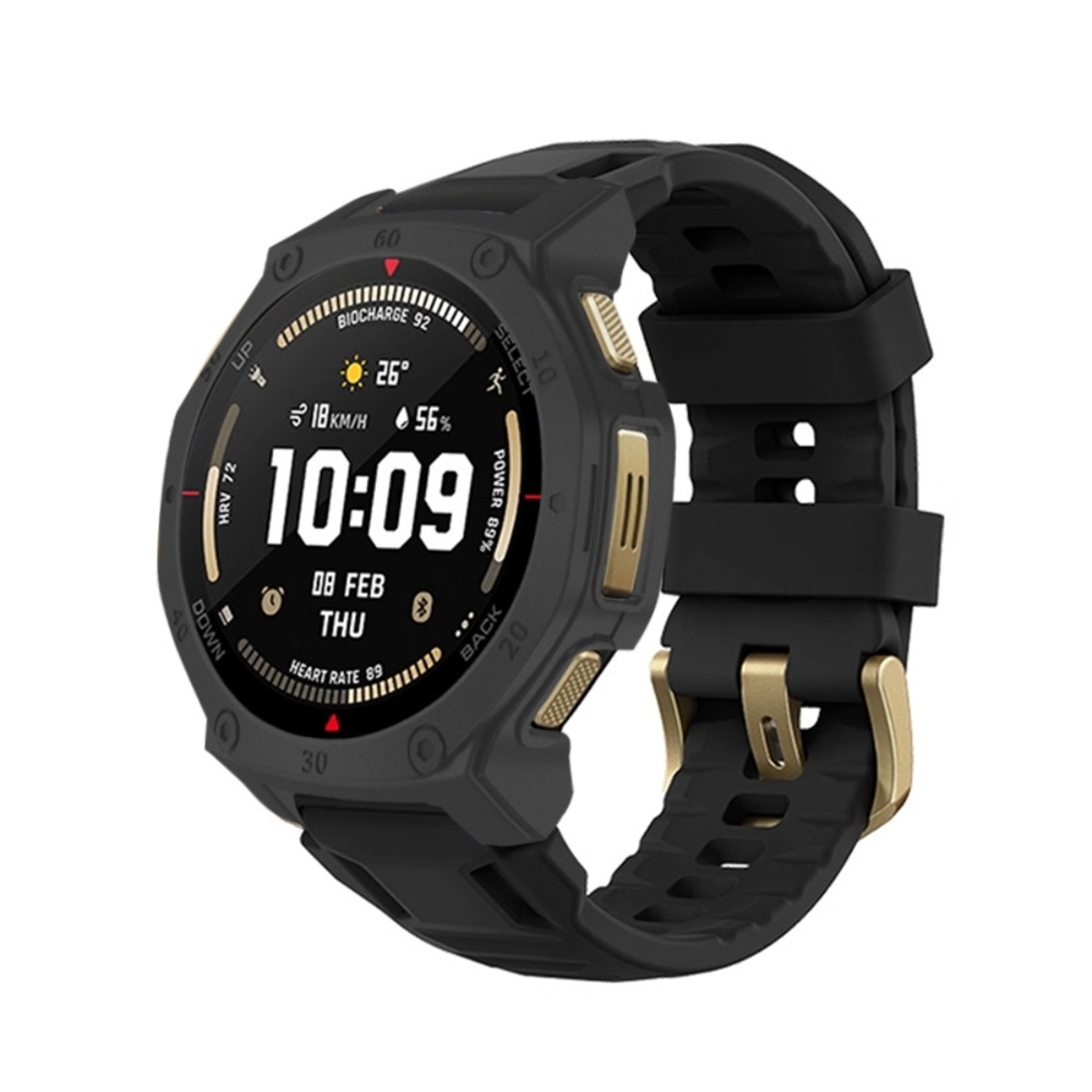 Uno smartwatch nero con accenti dorati mostra 10:09, data, frequenza cardiaca e altre statistiche.