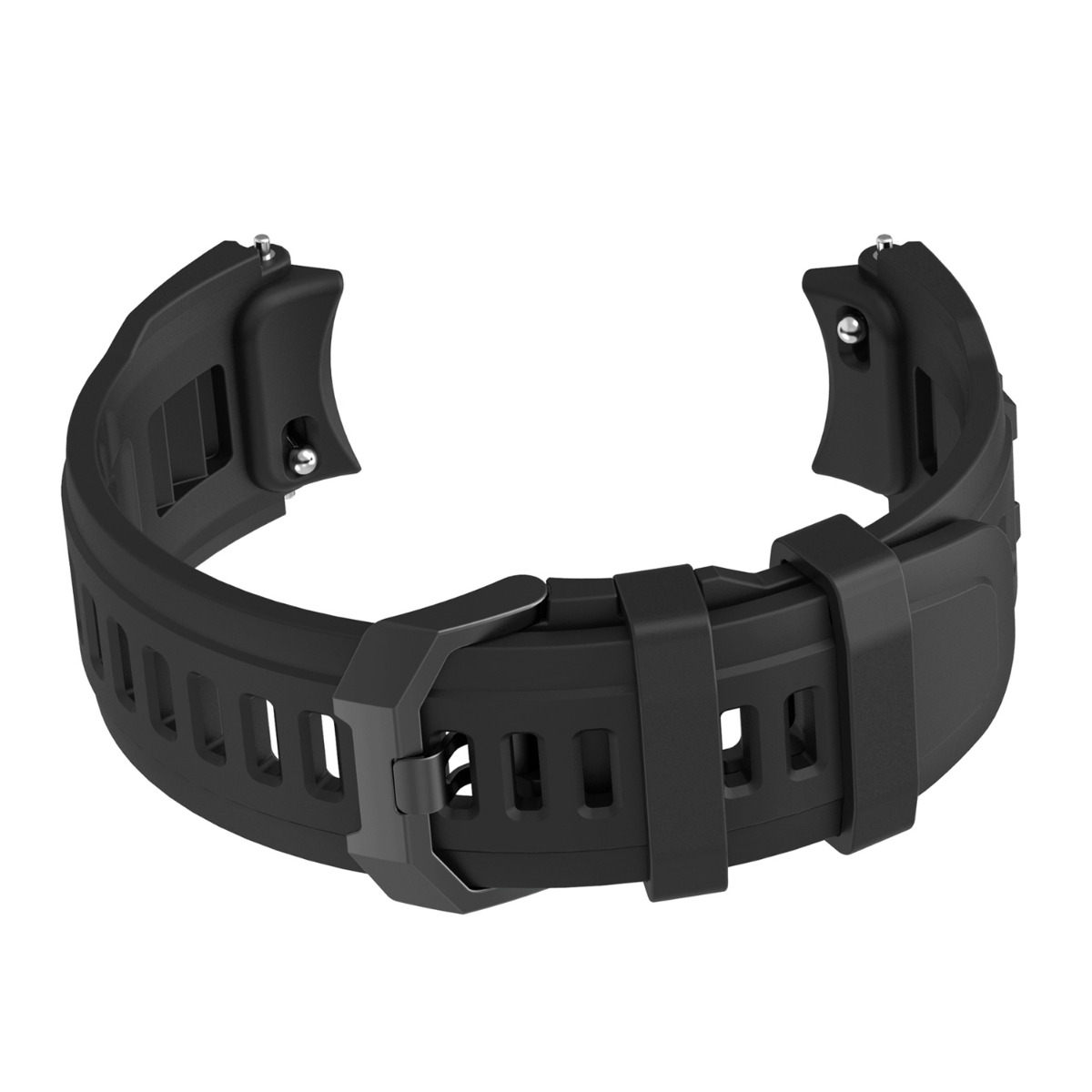Schwarzes Uhrenarmband aus Gummi mit Metallschnalle und Lochmuster.