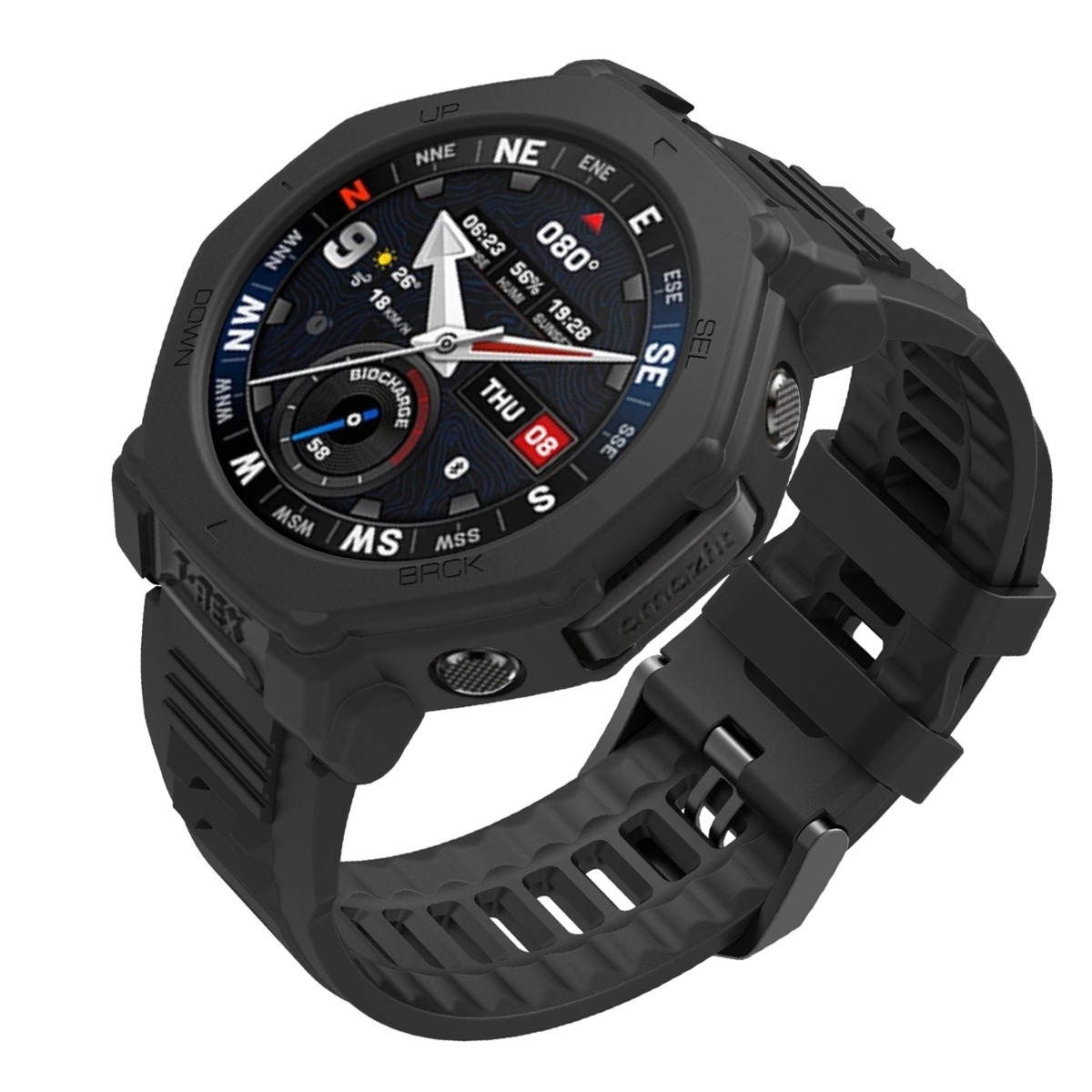 Schwarze Smartwatch mit Kompass und Datum auf dem Zifferblatt.