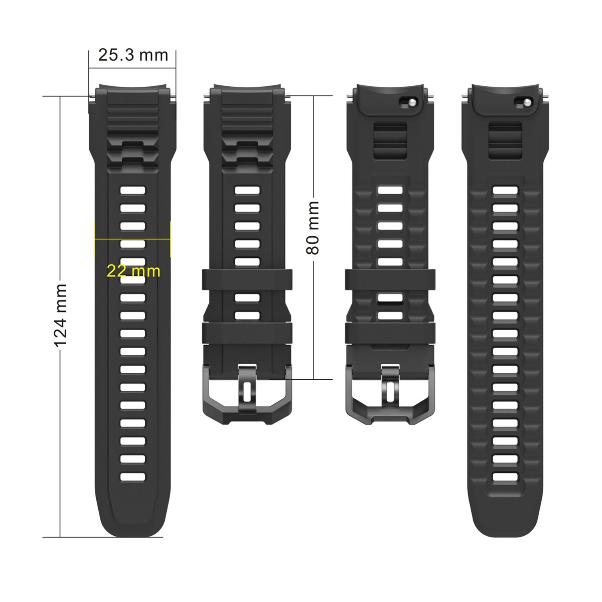 Vier schwarze Uhrenarmbänder auf weißem Hintergrund, mit Maßen.