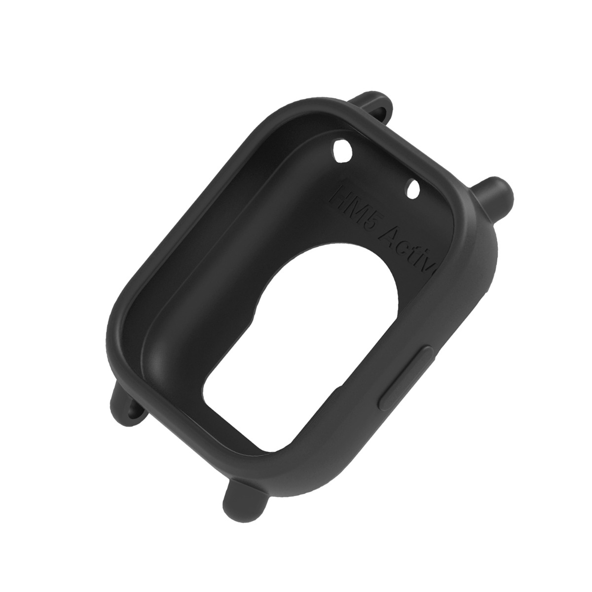 Schwarze Schutzhülle für ein rechteckiges Smartwatch-Display mit Ausschnitten.