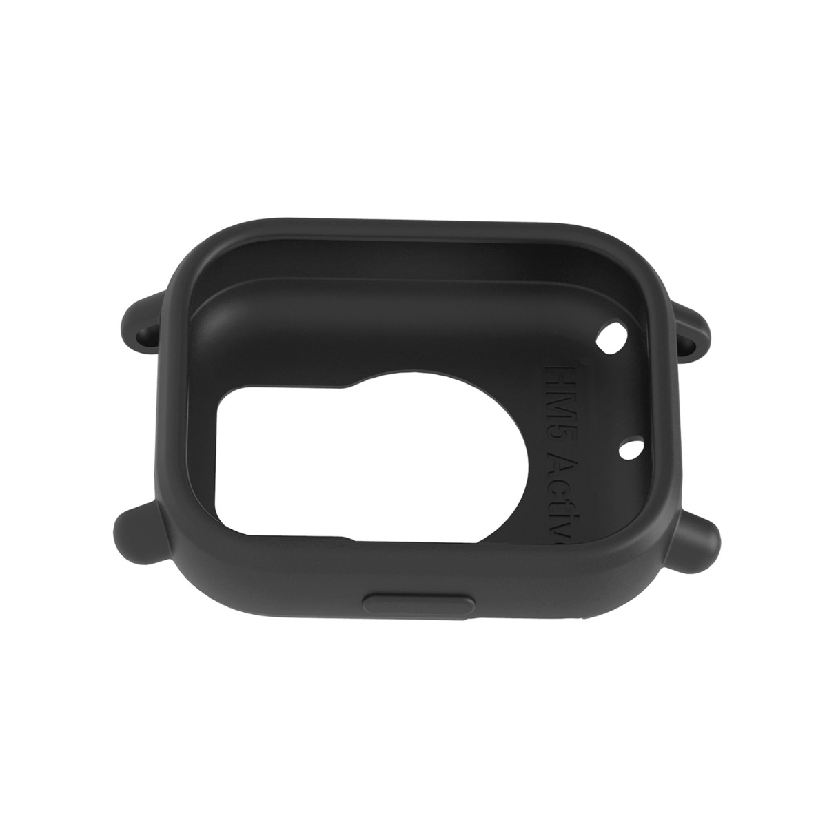 Schwarzer Schutzrahmen für Smartwatch, mit Aussparungen und Beschriftung.