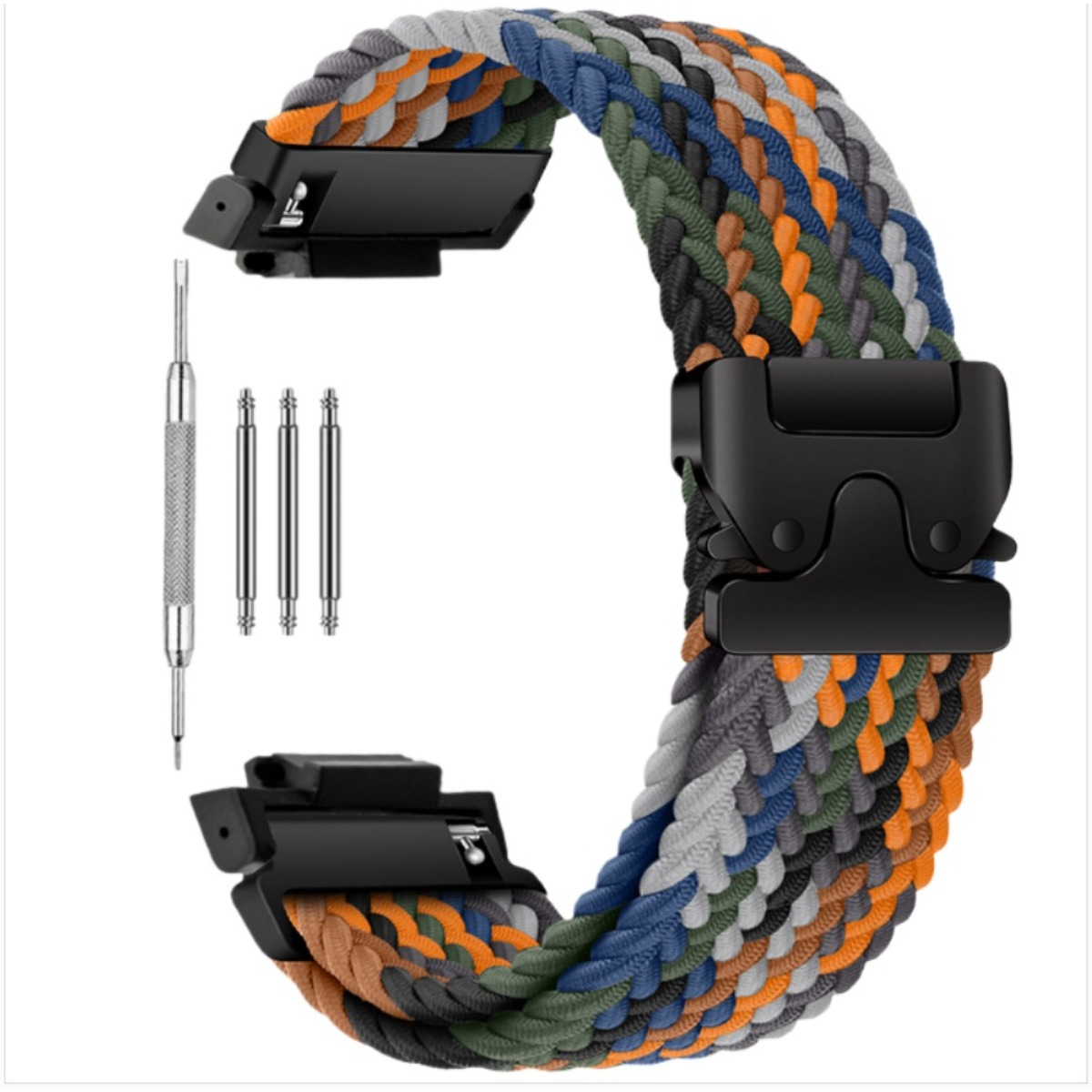 Geflochtenes Armband mit schwarzer Schnalle und Werkzeug.