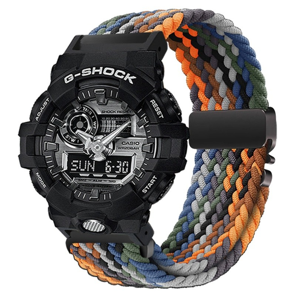 Schwarze G-Shock Uhr mit Digitalanzeige und geflochtenem Armband in mehreren Farben.