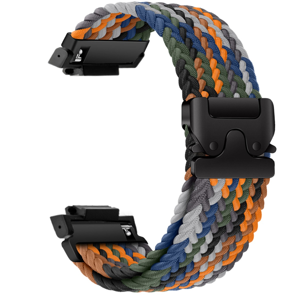 Geflochtenes Armband mit schwarzem Verschluss in Grau-, Blau-, Grün- und Orangetönen.