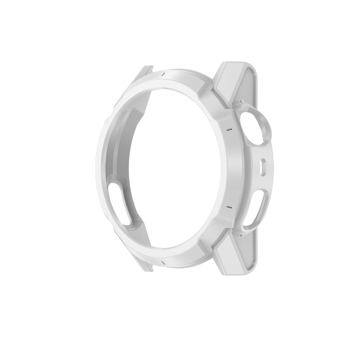 Custodia protettiva bianca per smartwatch con ritagli per pulsanti.