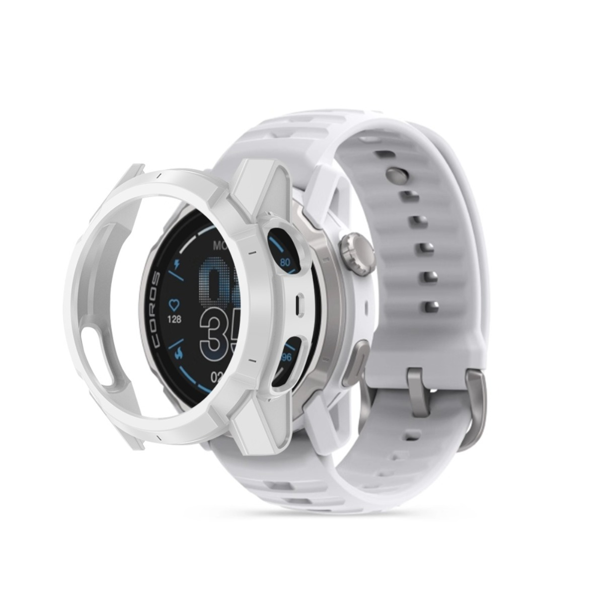 Uno smartwatch bianco Coros con custodia protettiva e display digitale che mostra l'ora.