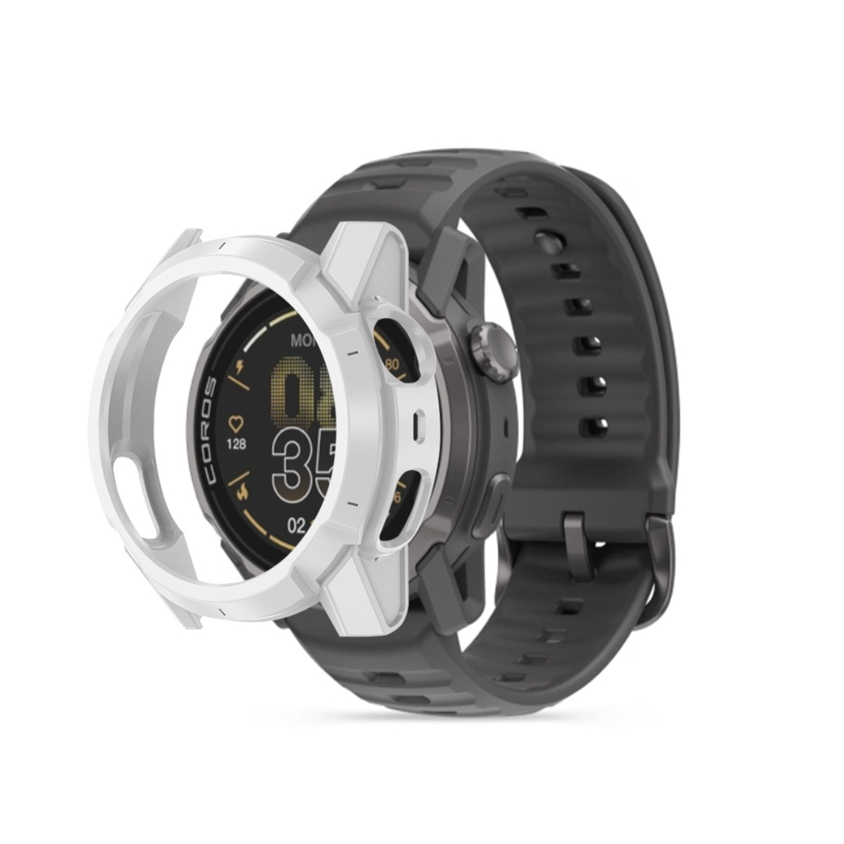 Una ghiera protettiva bianca sopra uno smartwatch nero con cinturino scuro.