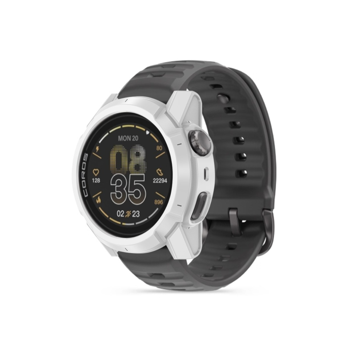 Orologio smart bianco con cinturino nero, mostra ora e dati fitness.