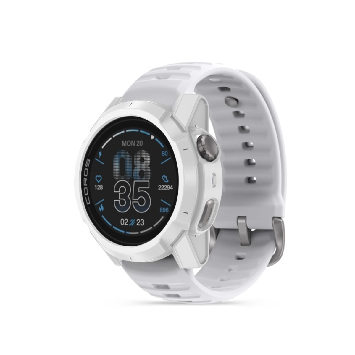 Orologio smart bianco con display rotondo che mostra ora e dati.