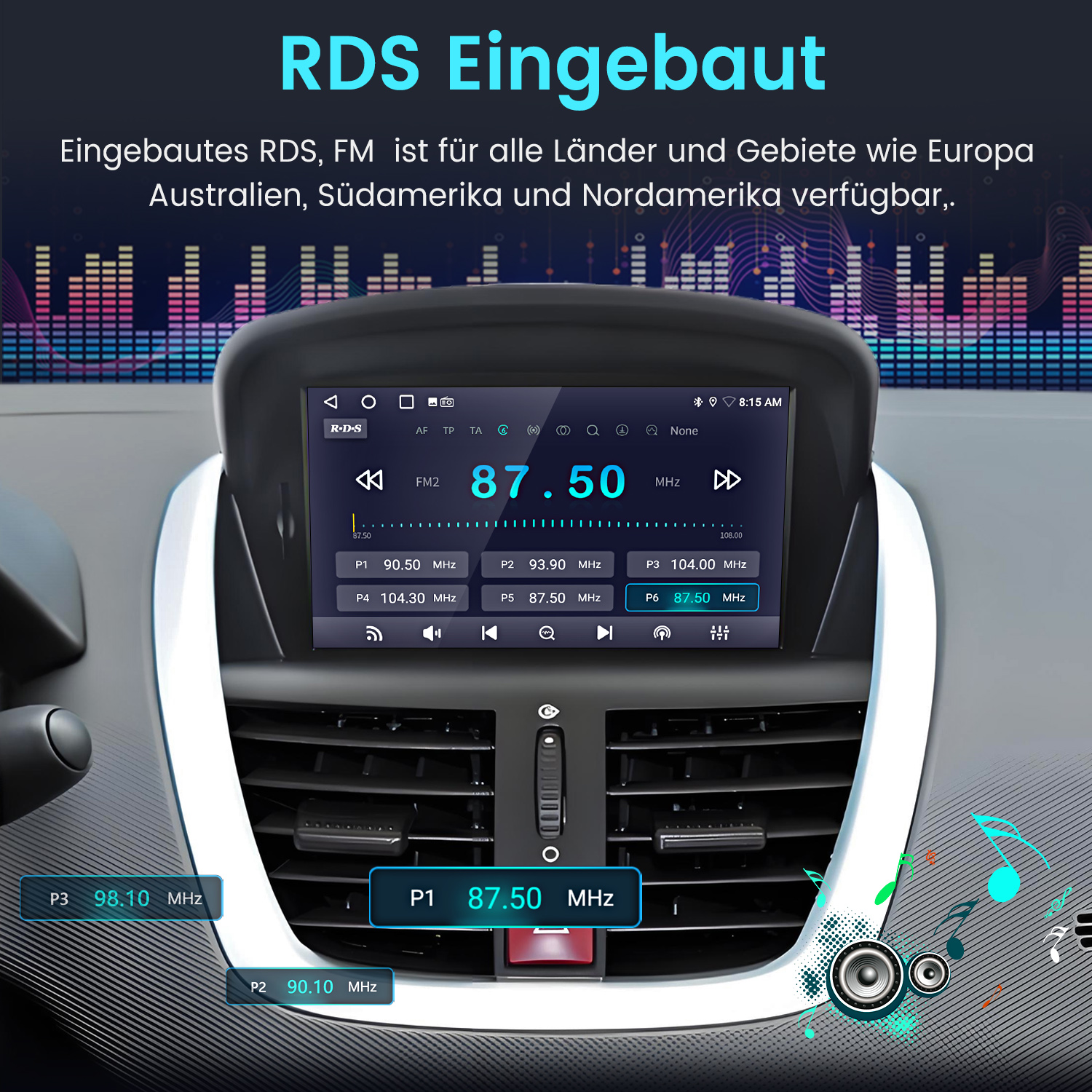 Einbau-RDS-Autoradio mit FM-Funktion und voreingestellten Frequenzen auf dem Bildschirm.