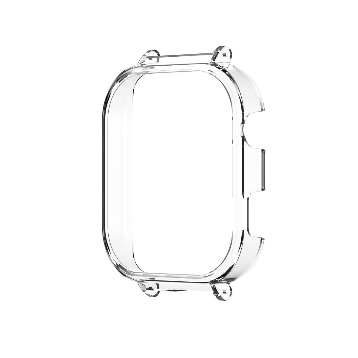 Una cornice protettiva trasparente per un display di smartwatch rettangolare.