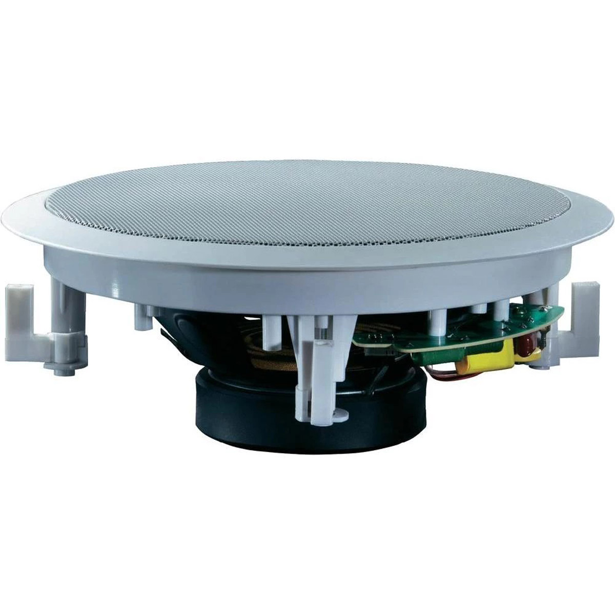 Un altavoz de techo blanco con cubierta de malla y componentes internos visibles.