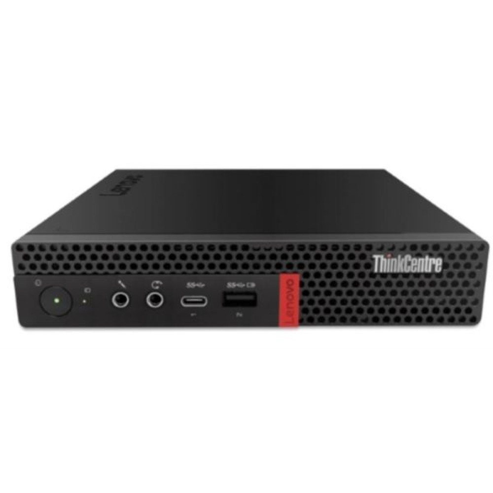 Mini PC Lenovo ThinkCentre noir avec ports et logo rouge Lenovo.