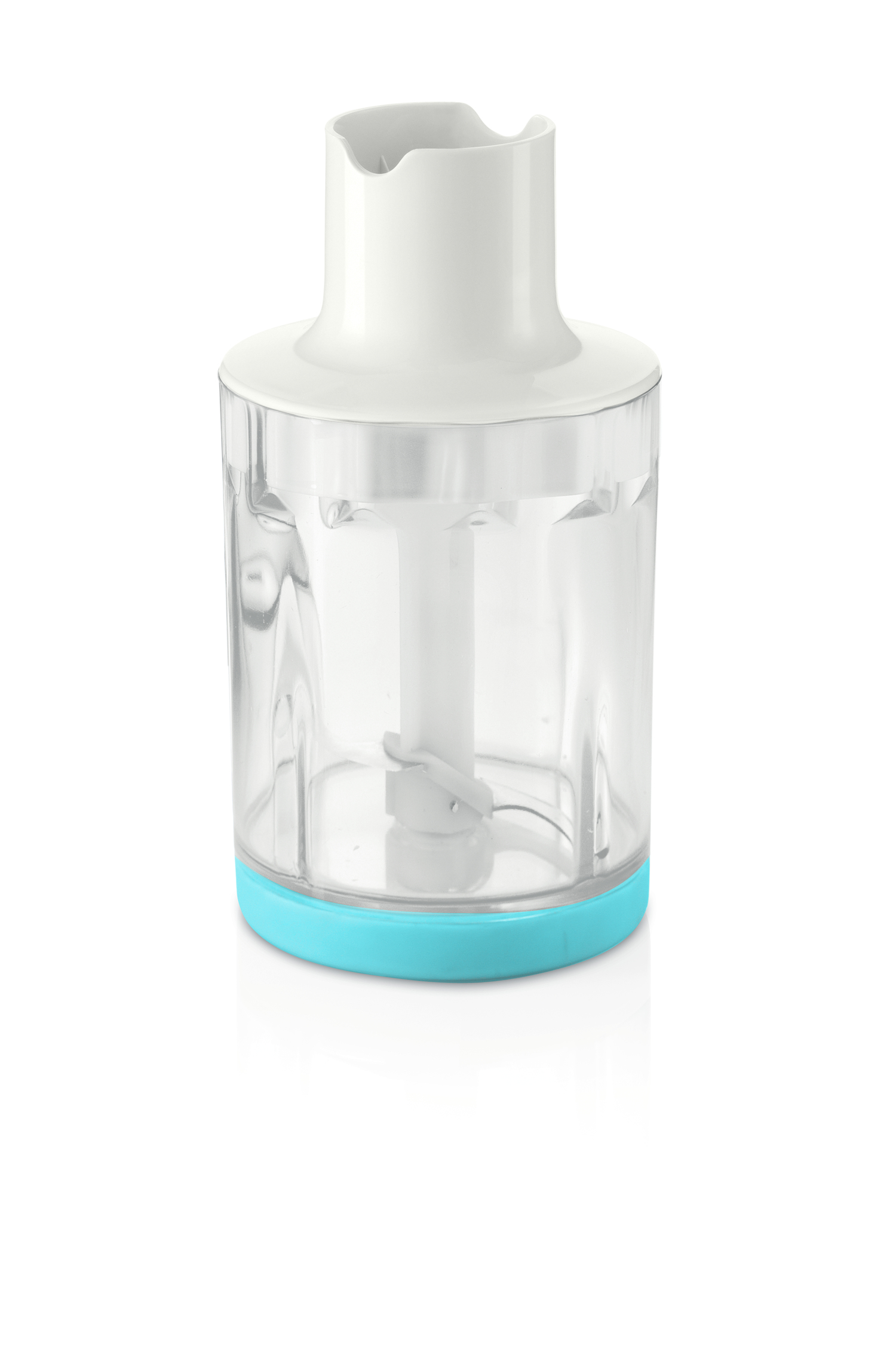 Un contenitore trasparente con coperchio bianco e base blu.