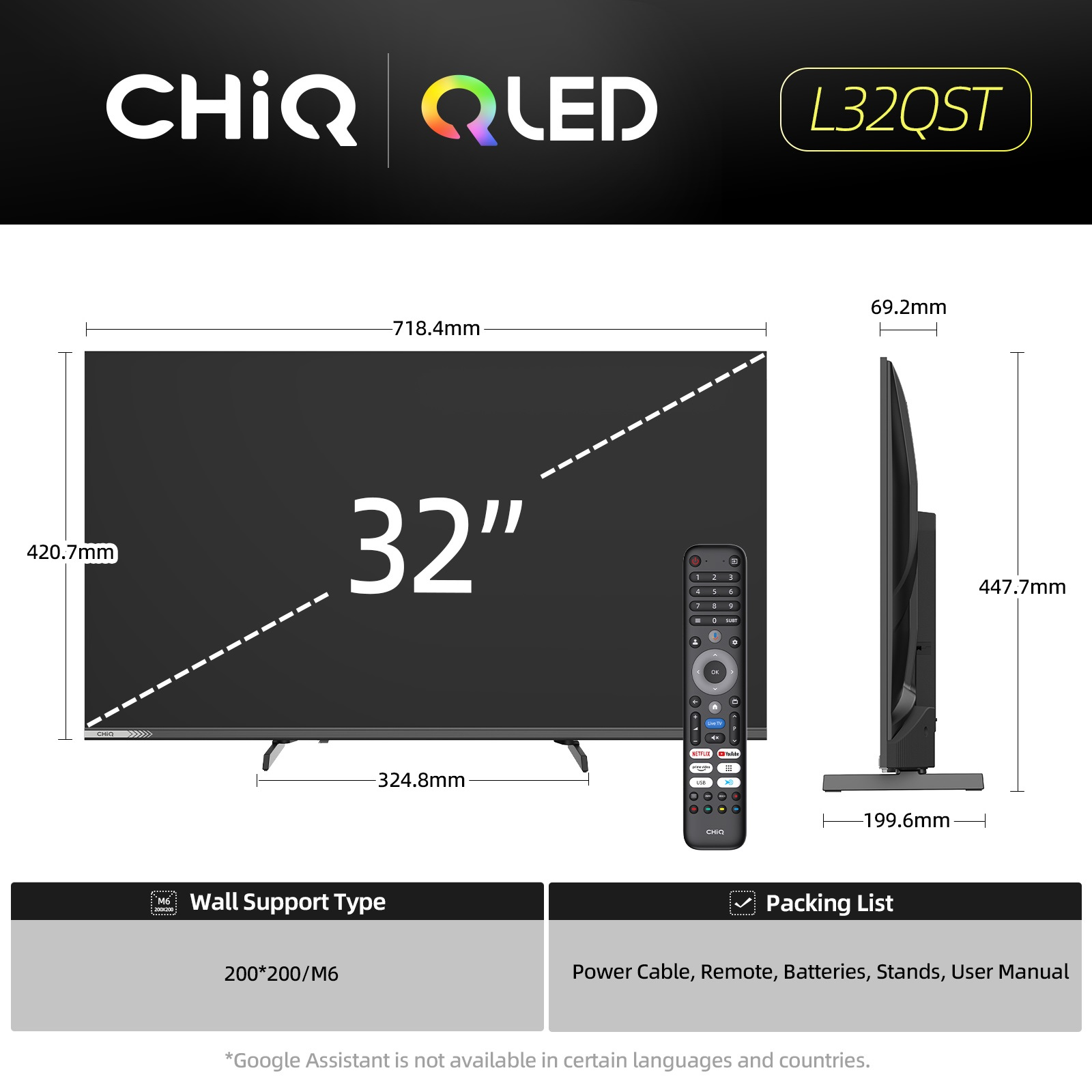 32-calowy telewizor CHIQ QLED z pilotem i wymiarami.