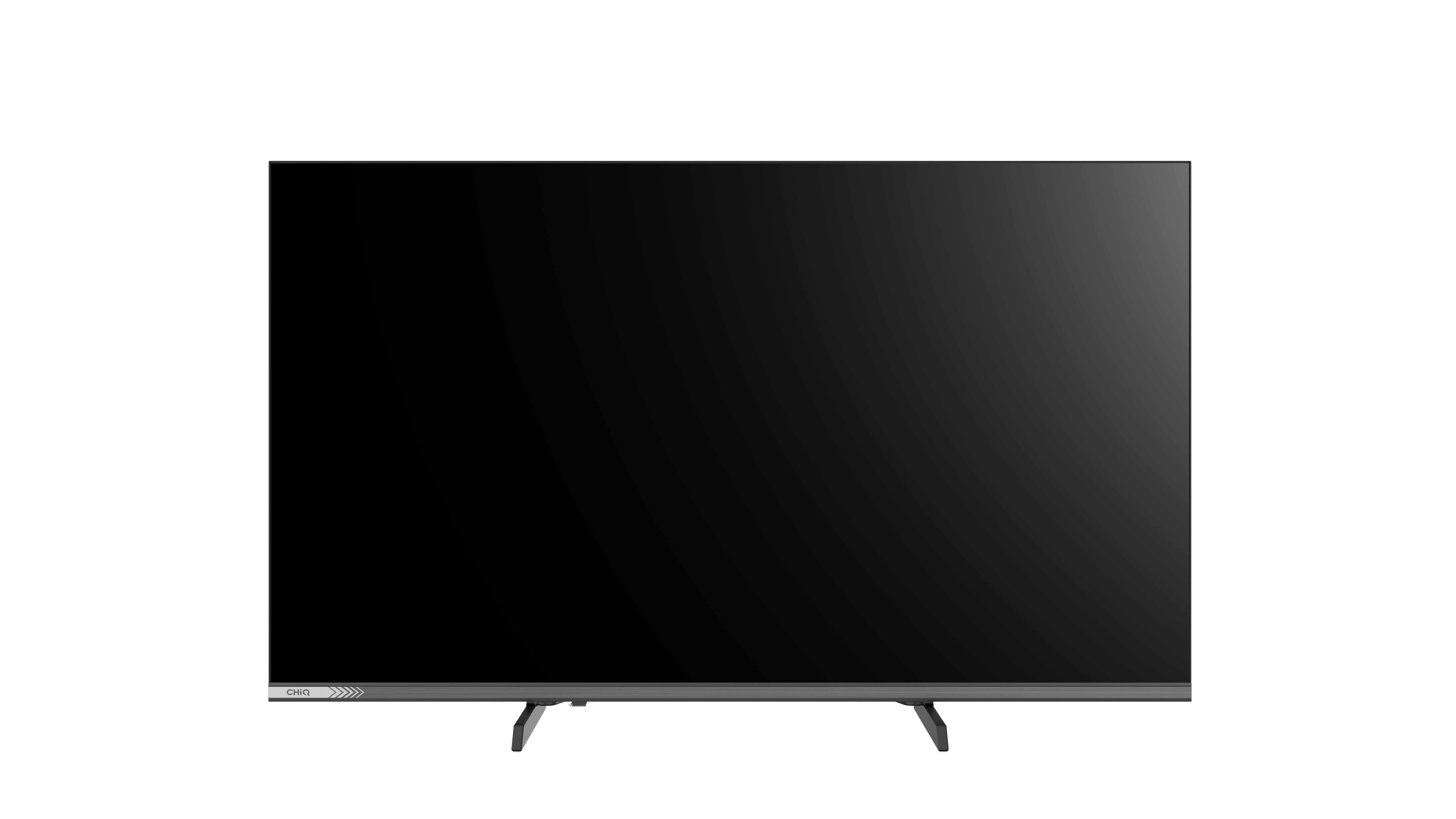 Czarny telewizor z cienką szarą ramką i dwoma stojakami.