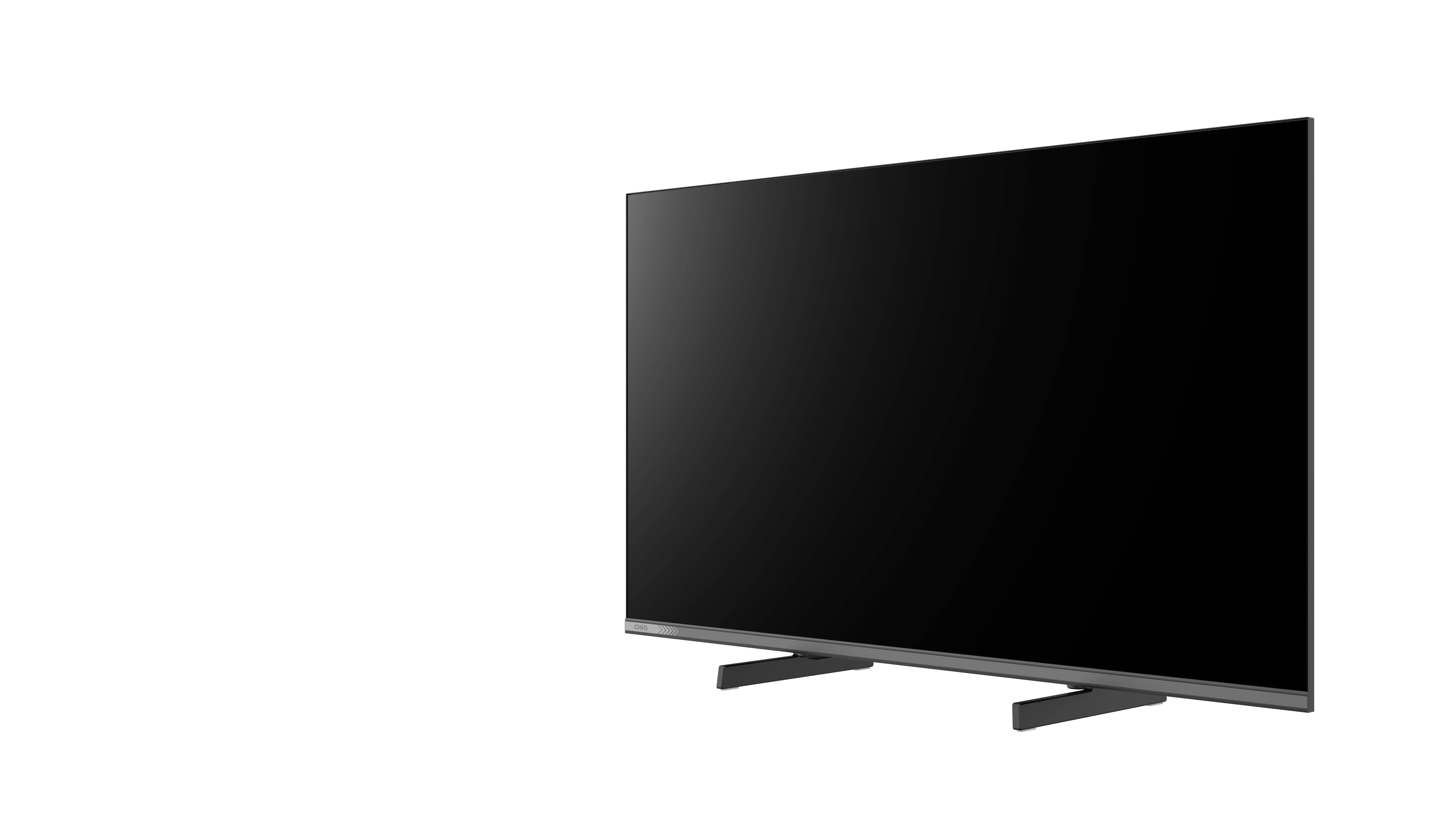 Czarny telewizor ze srebrną podstawą na białym tle.