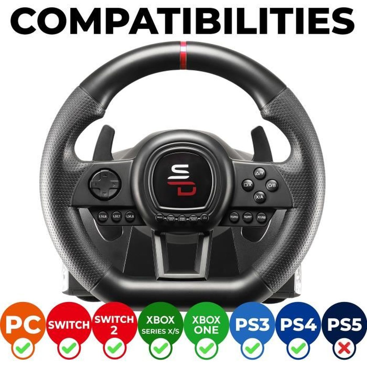 Rennlenkrad mit Kompatibilitätslogos für PC, Switch, Xbox, PS3, PS4, PS5.