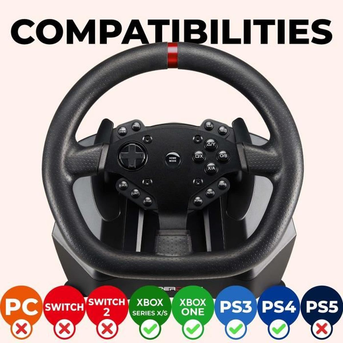 Ein Rennlenkrad mit Knöpfen und einem roten Streifen, kompatibel mit PC, Switch, Xbox, PS3, PS4, PS5.