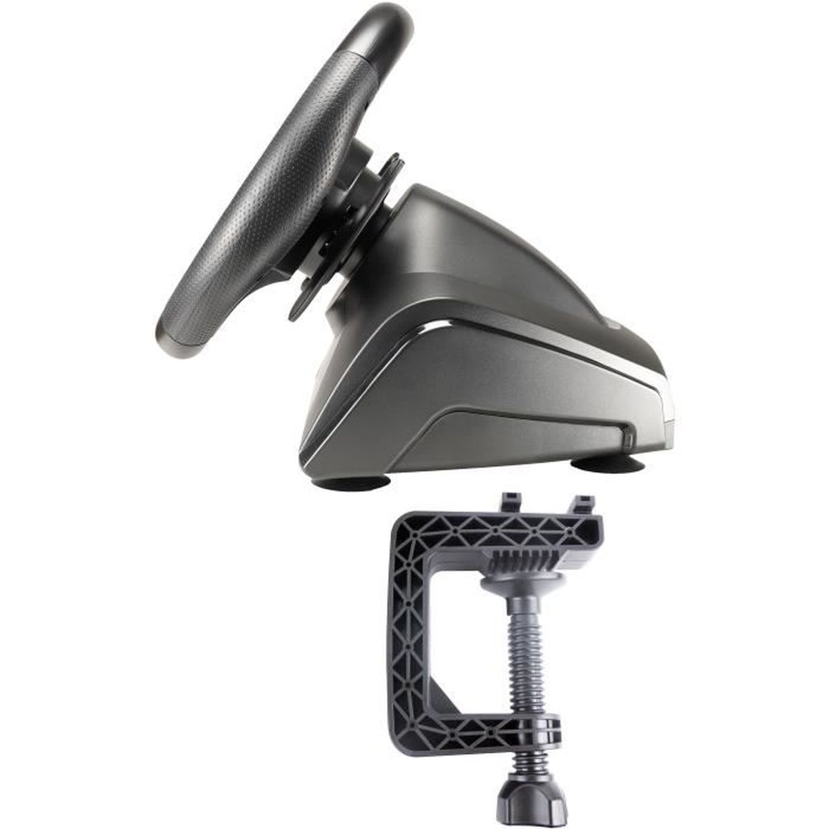 Ein graues Lenkrad-Controller-Zubehör mit Halterung auf weißem Hintergrund.