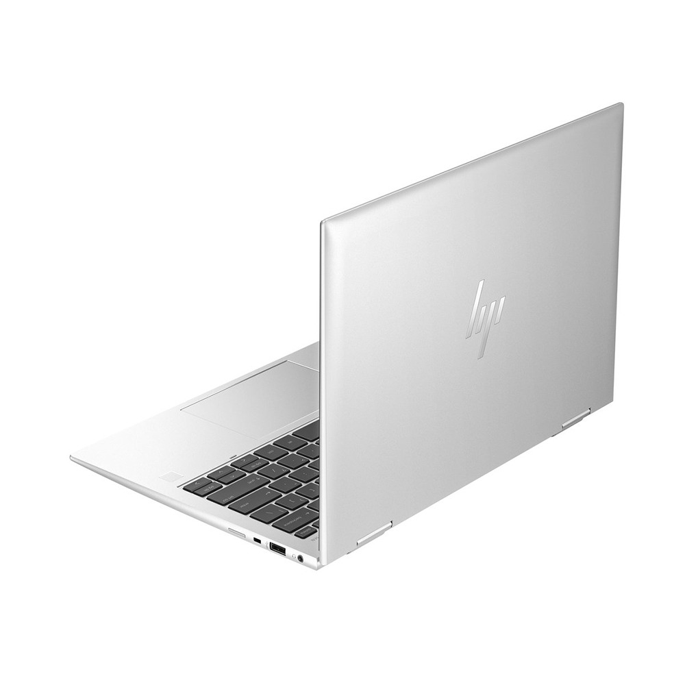 Un port átil plateado con teclado y logo de HP en la tapa.