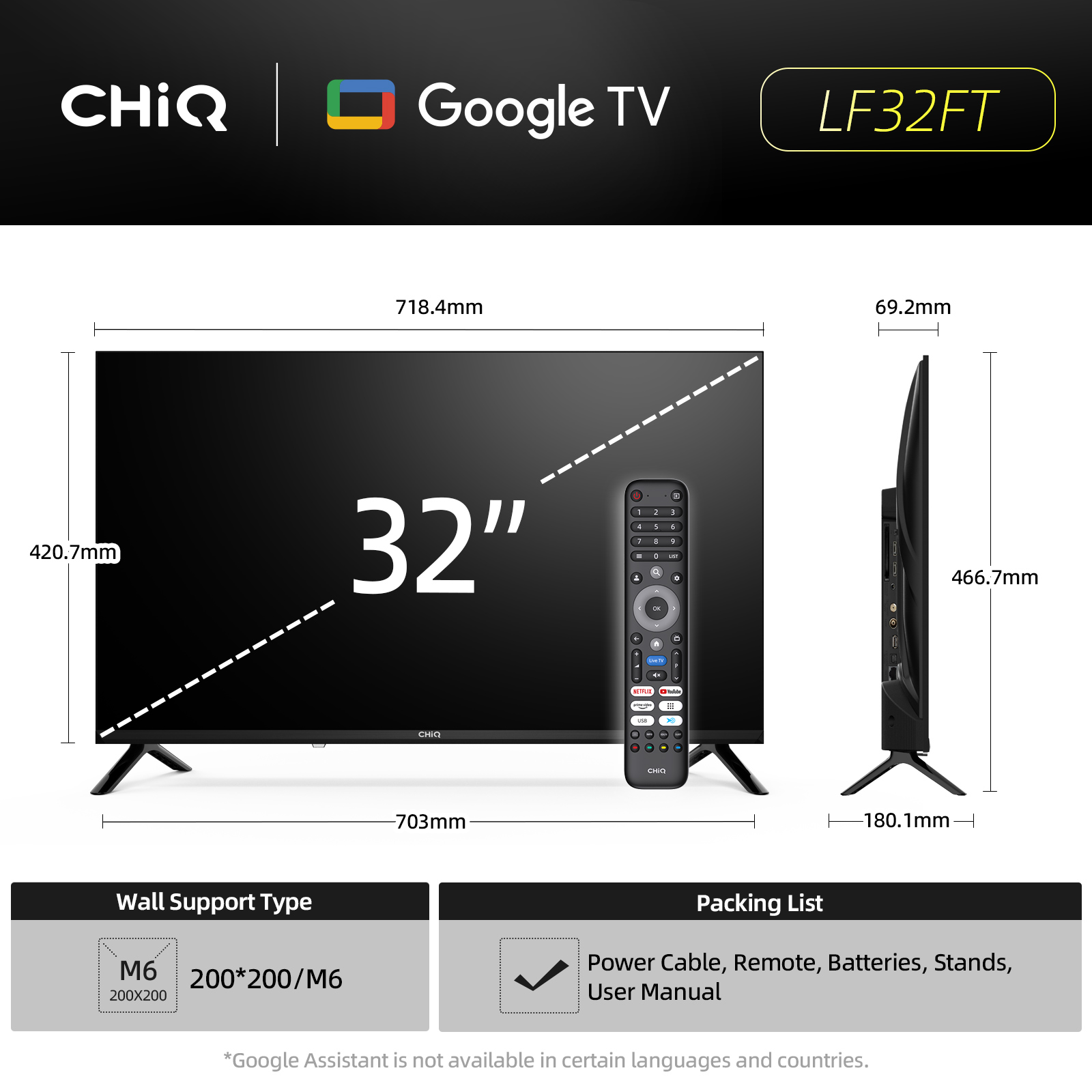 CHIQ 32" Google TV z pilotem i wymiarami. Zawiera listę pakowania.