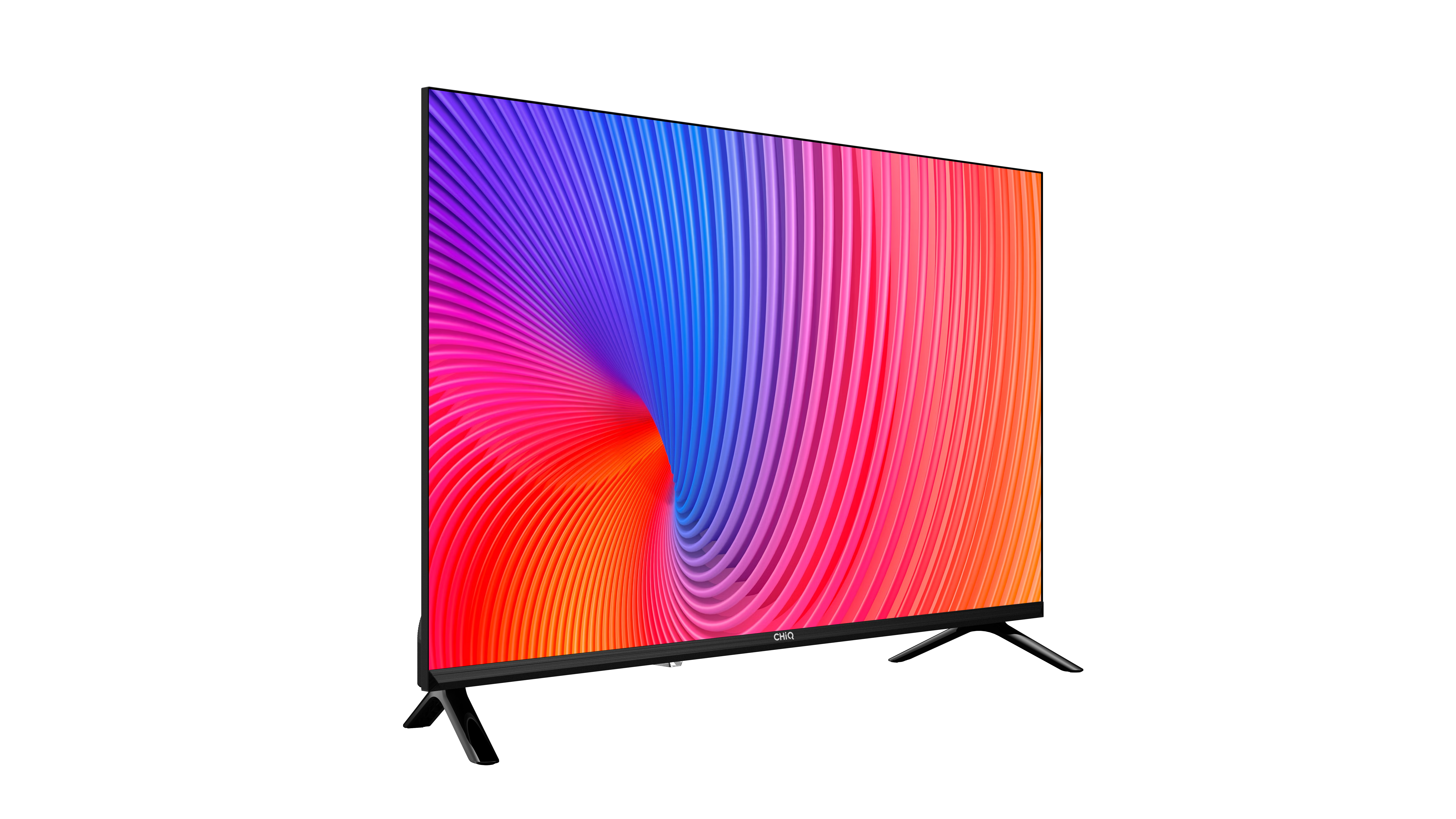 Nowoczesny telewizor z płaskim ekranem, kolorowym paskiem na ekranie i czarnymi stopkami.