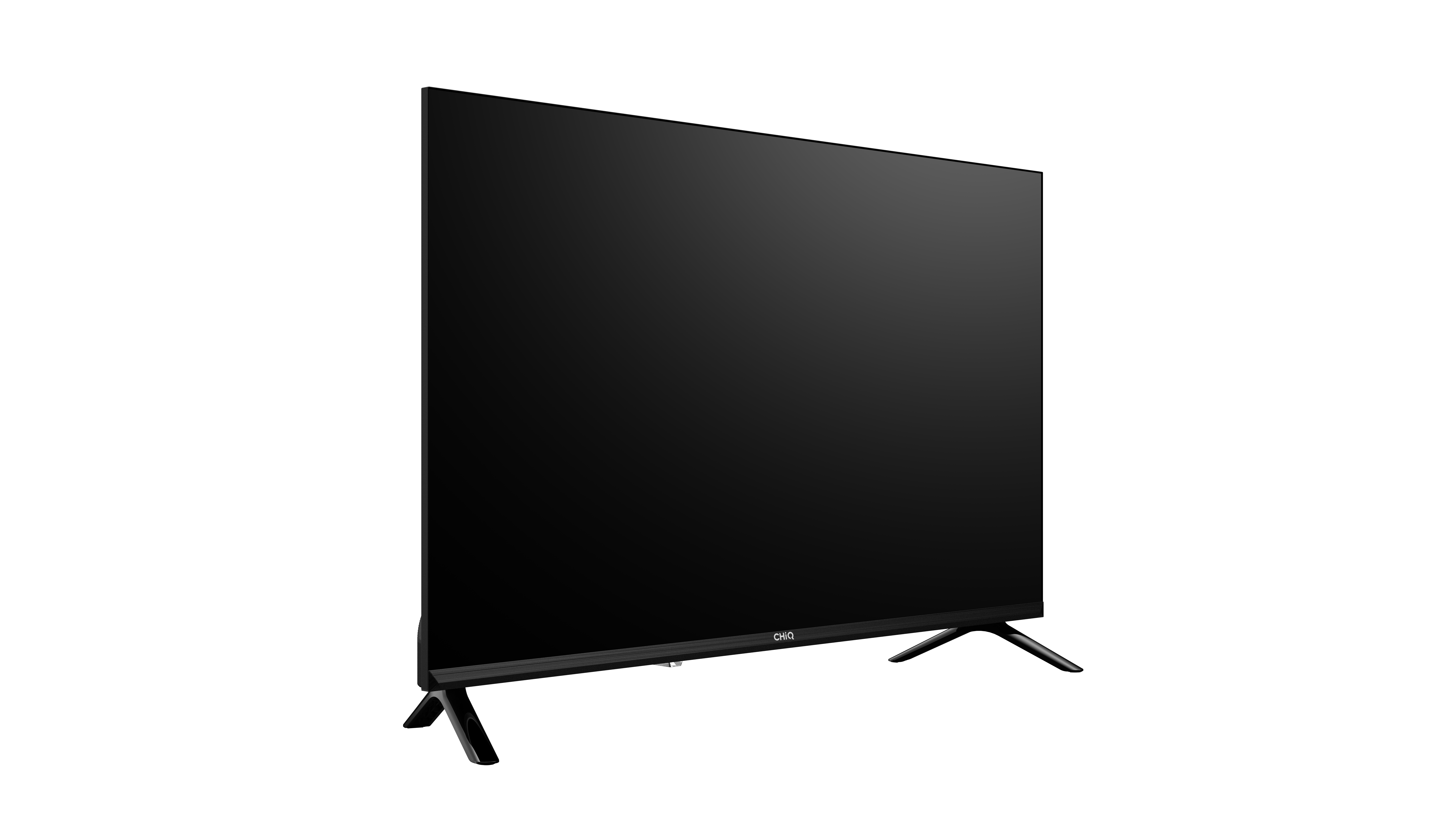 Czarny telewizor ze srebrnym stojakiem na białym tle.