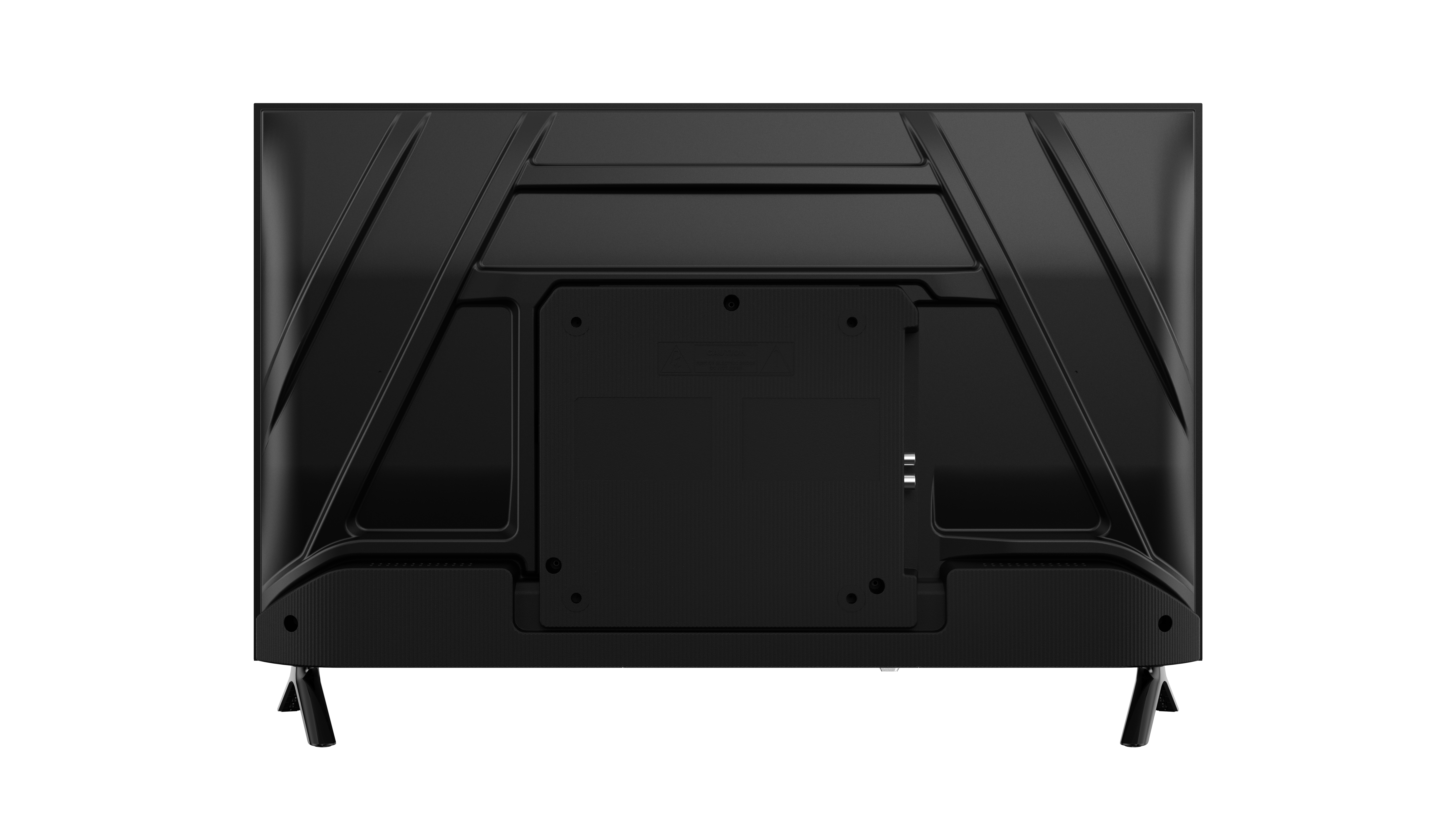 Tył czarnego telewizora z dwiema nogami podstawy.
