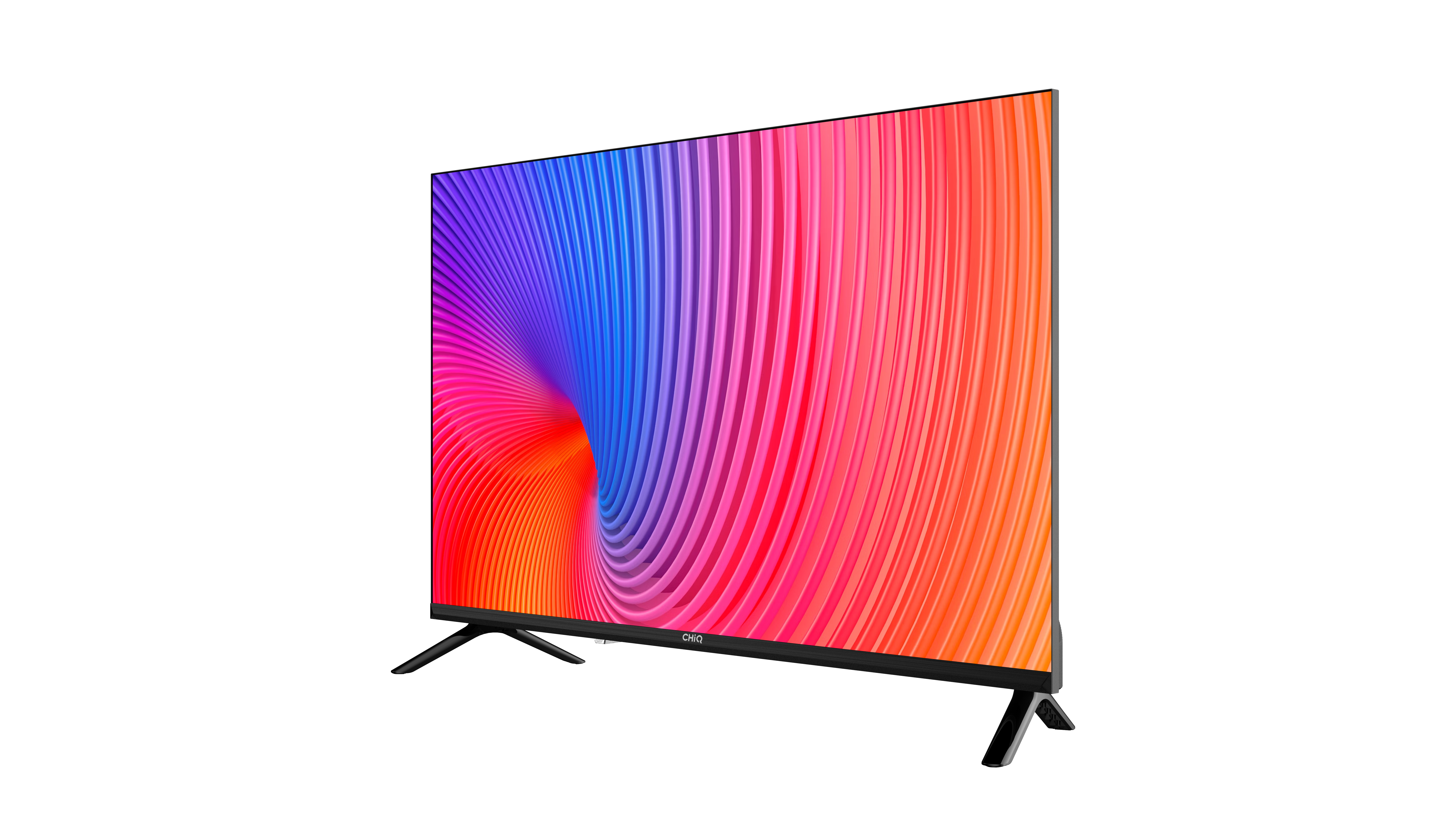 Nowoczesny telewizor z abstrakcyjnym, kolorowym wzorem w kształcie spirali na ekranie.