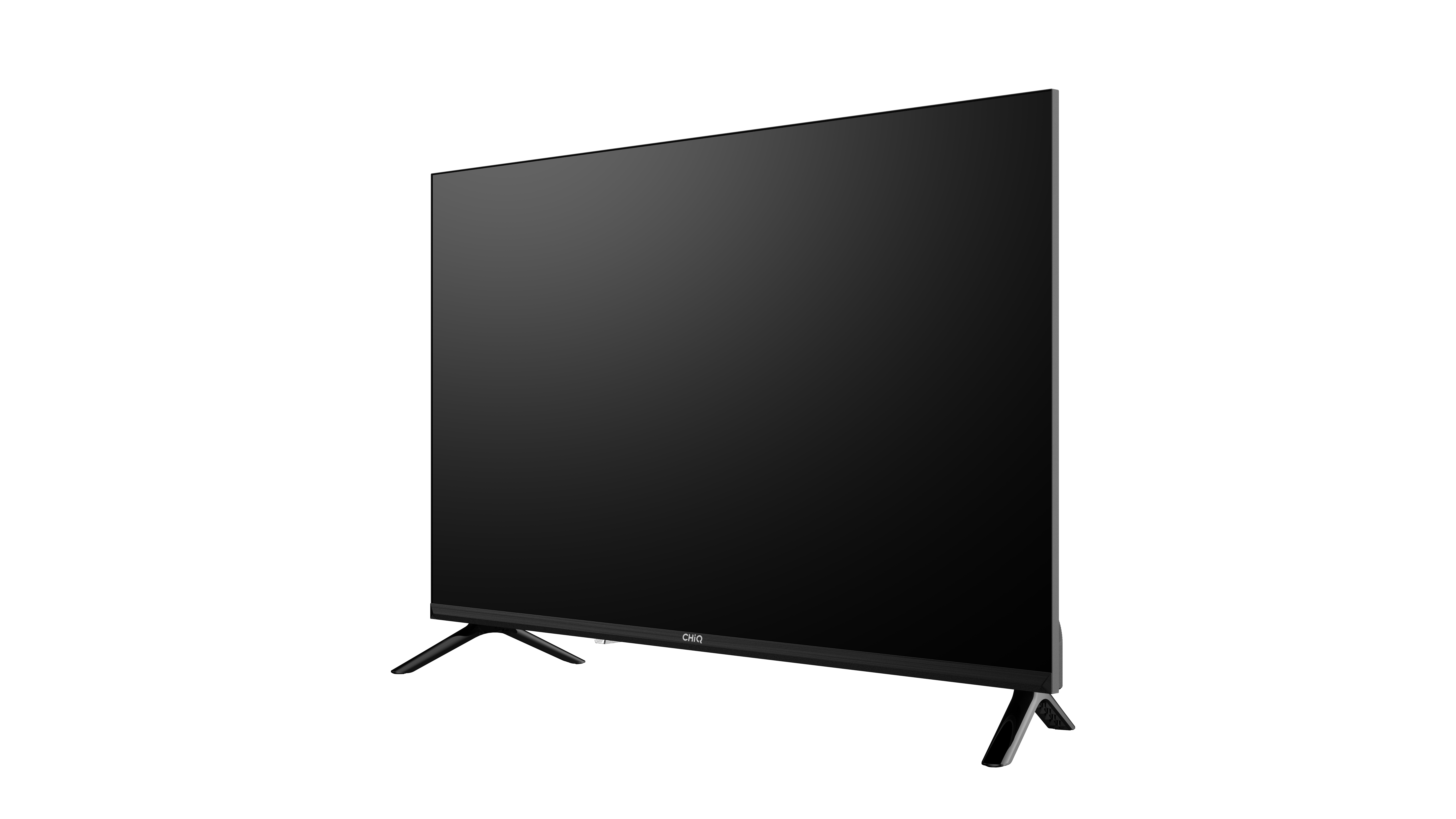 Nowoczesny czarny telewizor z płaskim ekranem i srebrnymi stopkami, na białym tle.