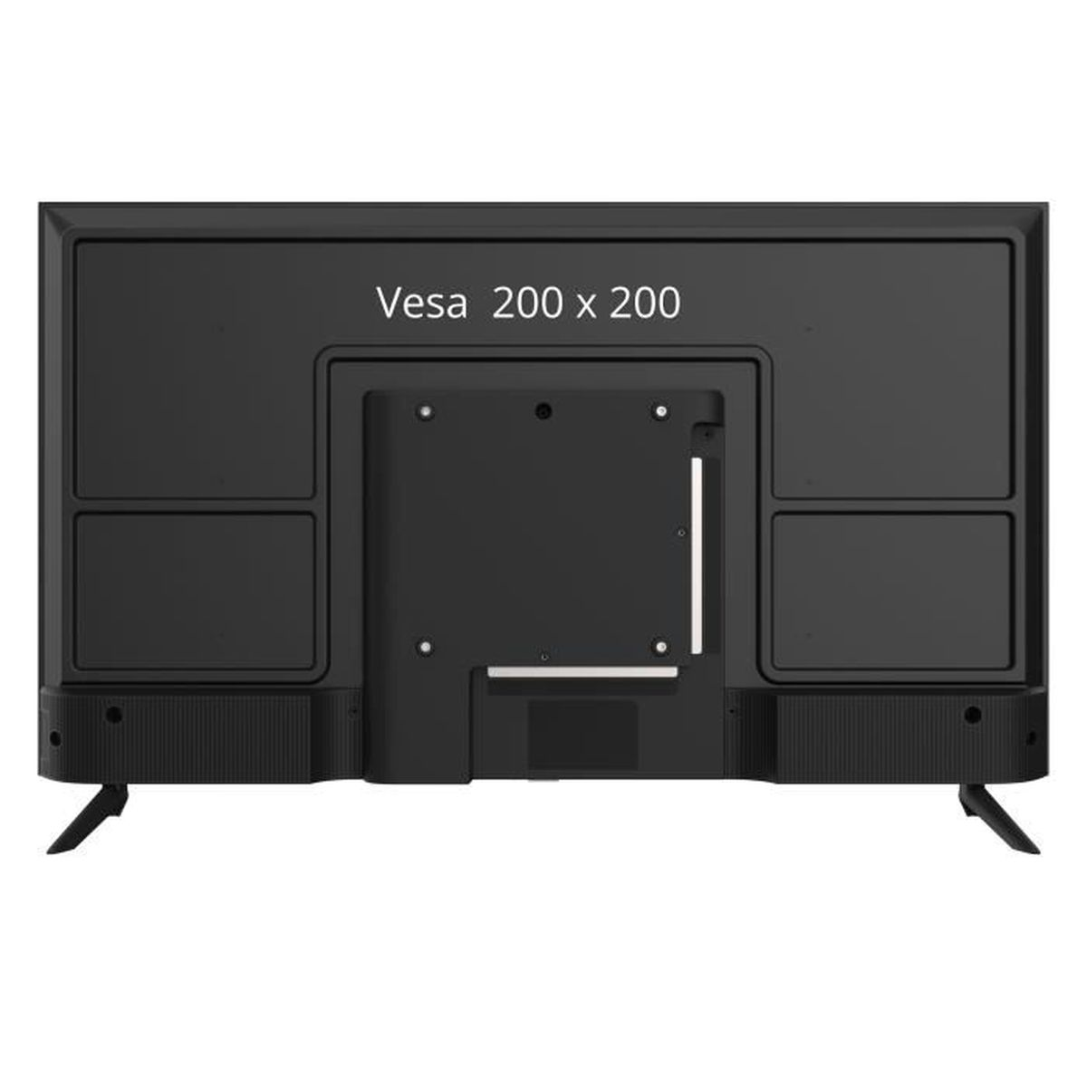 Rückseite eines schwarzen Fernsehers mit VESA 200x200 Halterung.