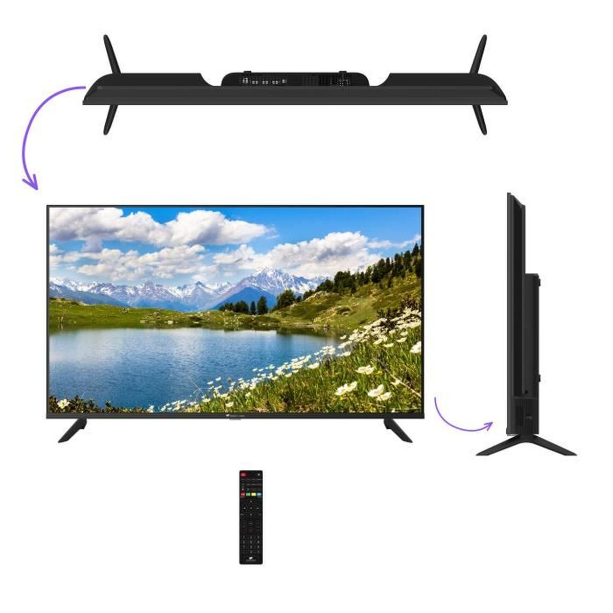 Ein Fernseher mit Berglandschaft, ein Zubehör und eine Seitenansicht.