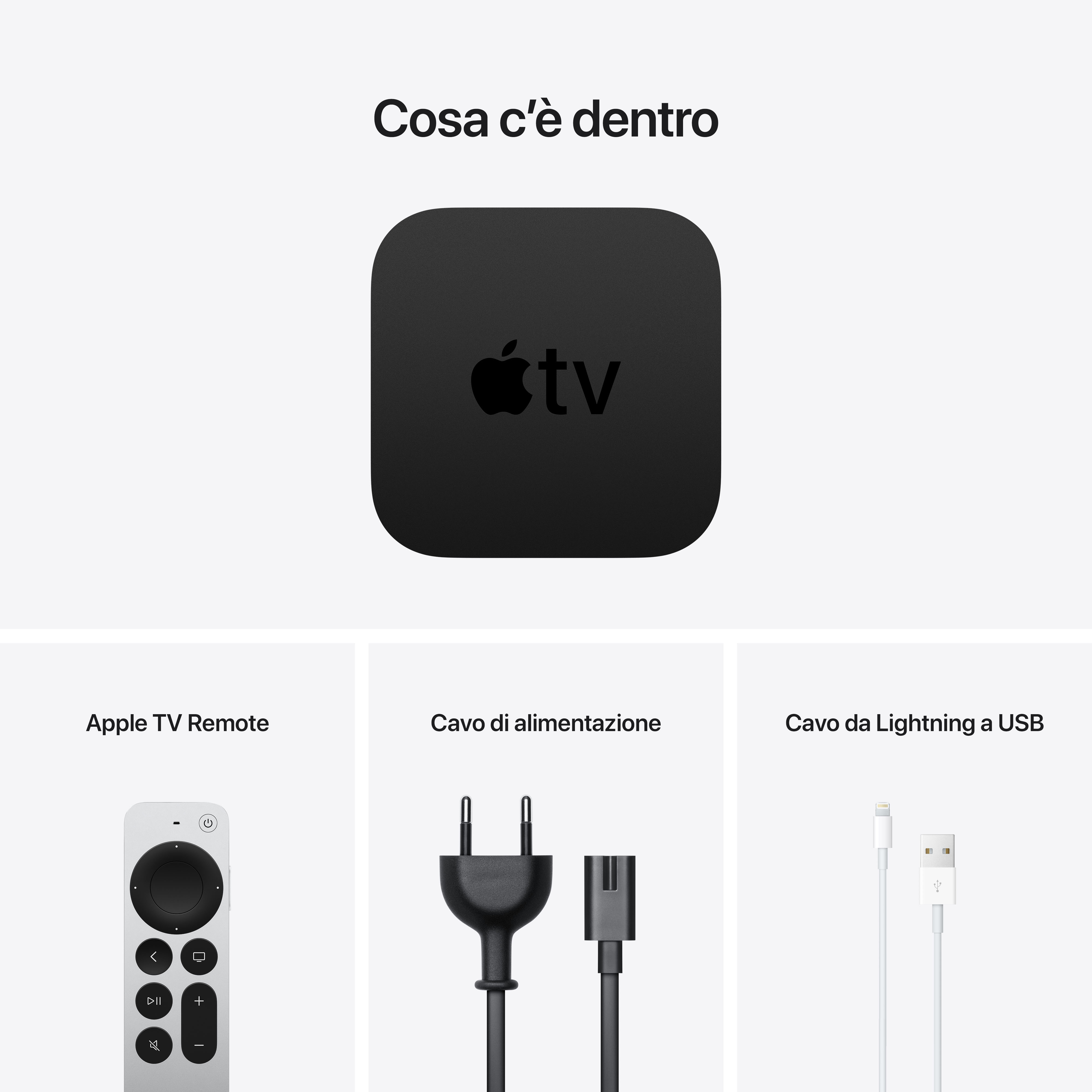 Apple TV, control remoto, cable de alimentación y cable Lightning a USB.