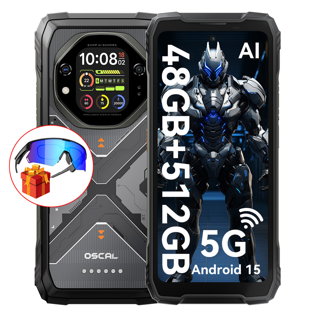 Robustes Smartphone mit Roboter-Motiv, Sonnenbrille und Geschenk.