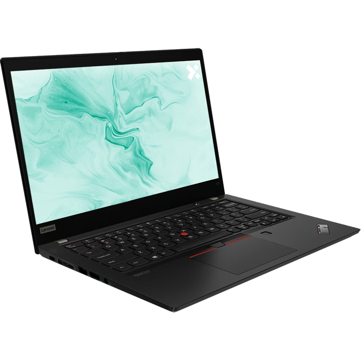 Un laptop Lenovo ThinkPad nero con uno sfondo marmorizzato turchese sullo schermo.