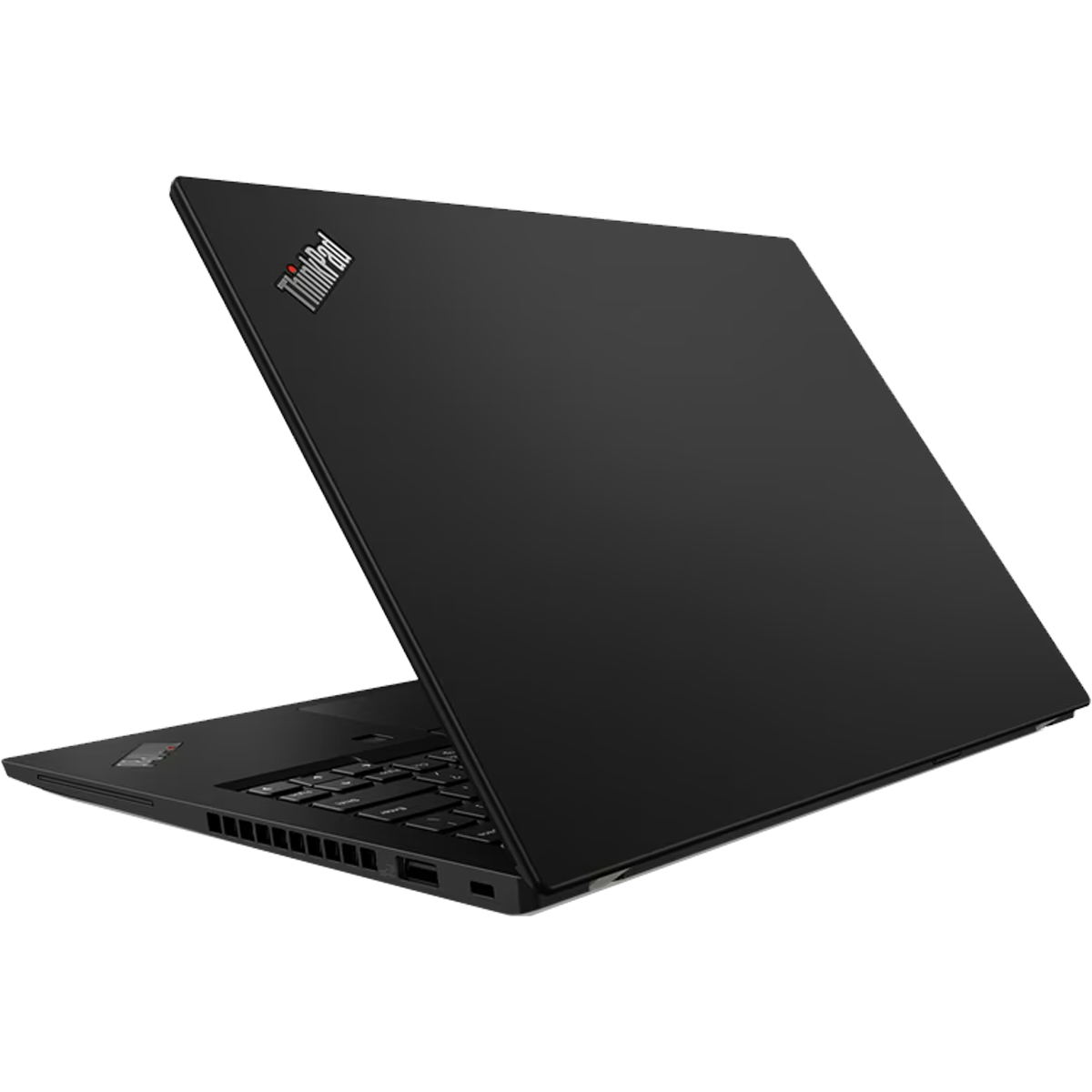 Laptop nero aperto con logo ThinkPad, tastiera visibile.
