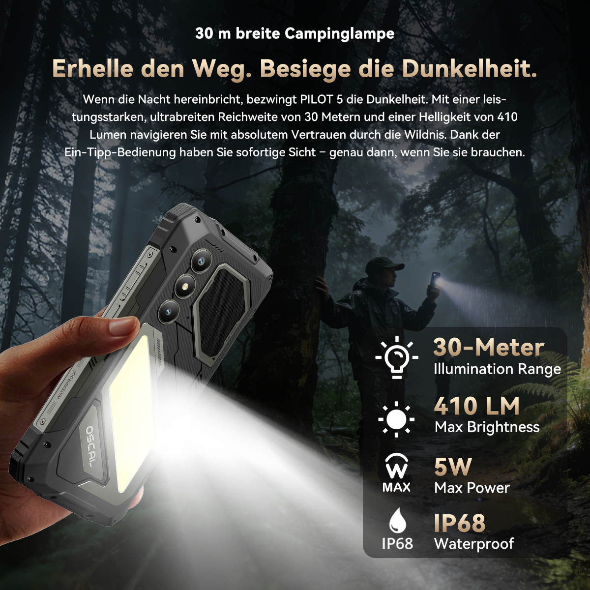 Hand hält robustes Smartphone mit Licht im dunklen Wald. Spezifikationen beleuchtet.