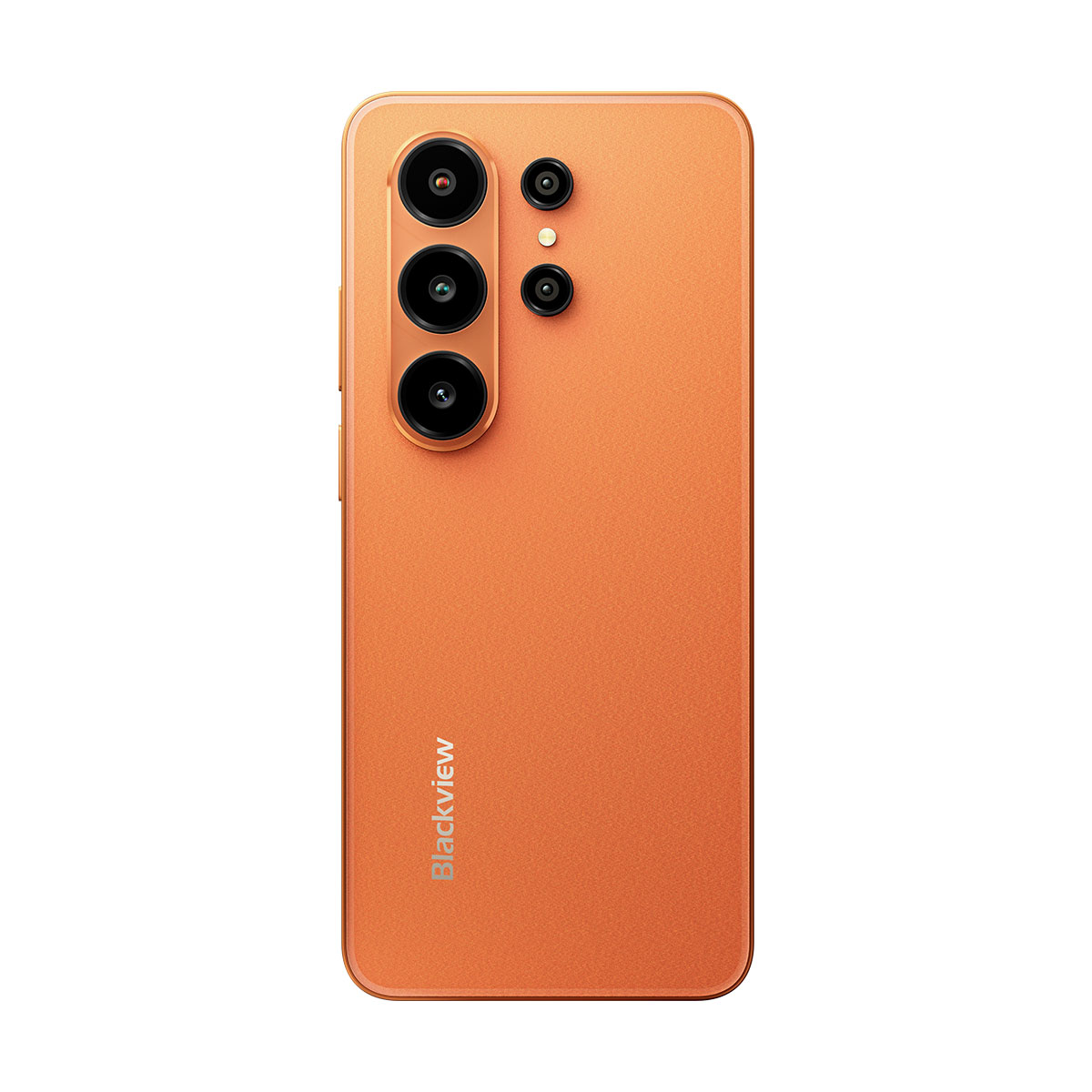 Retro di uno smartphone arancione con quattro fotocamere e logo Blackview.