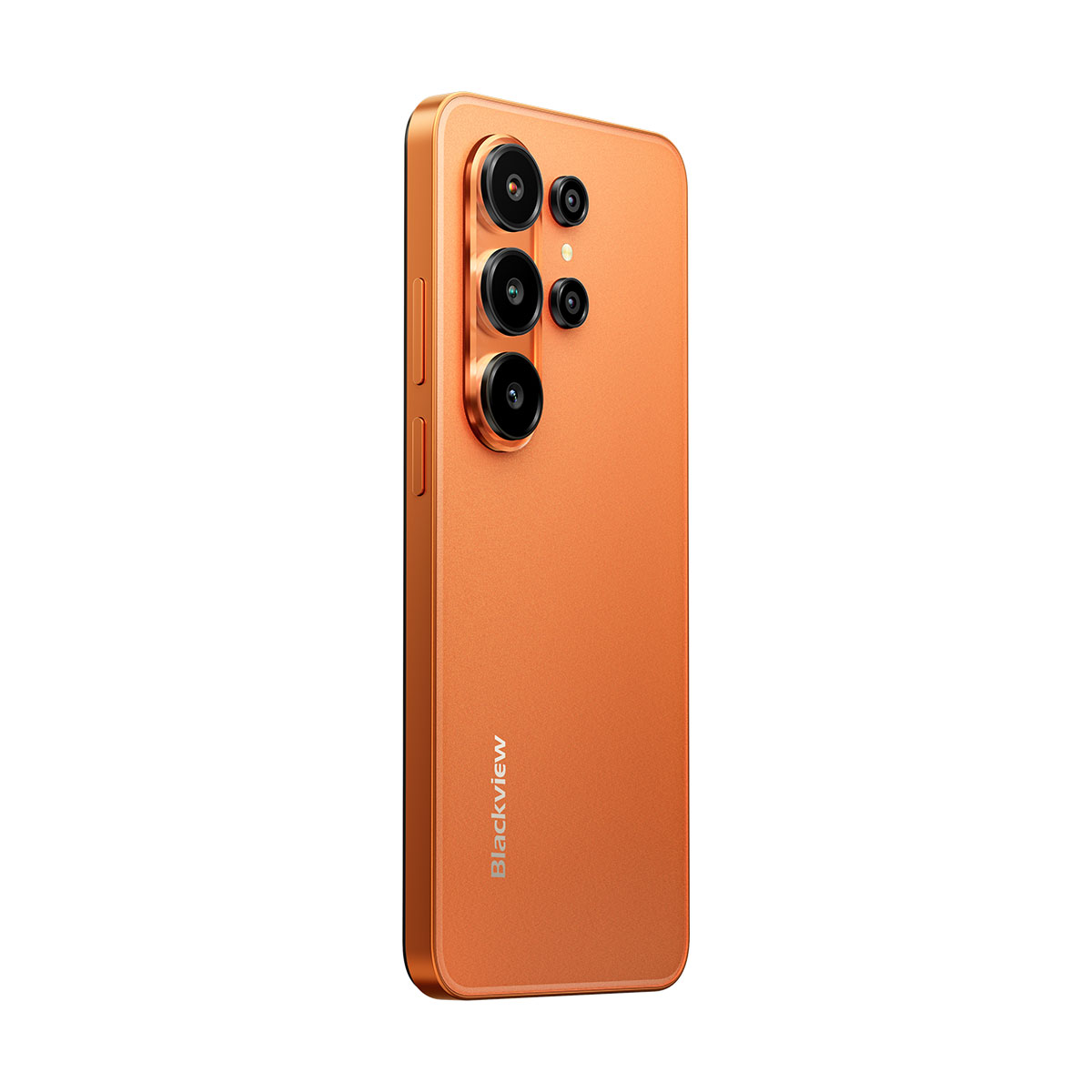 Orange Smartphone mit vier Kameras auf der Rückseite, auf weißem Hintergrund.