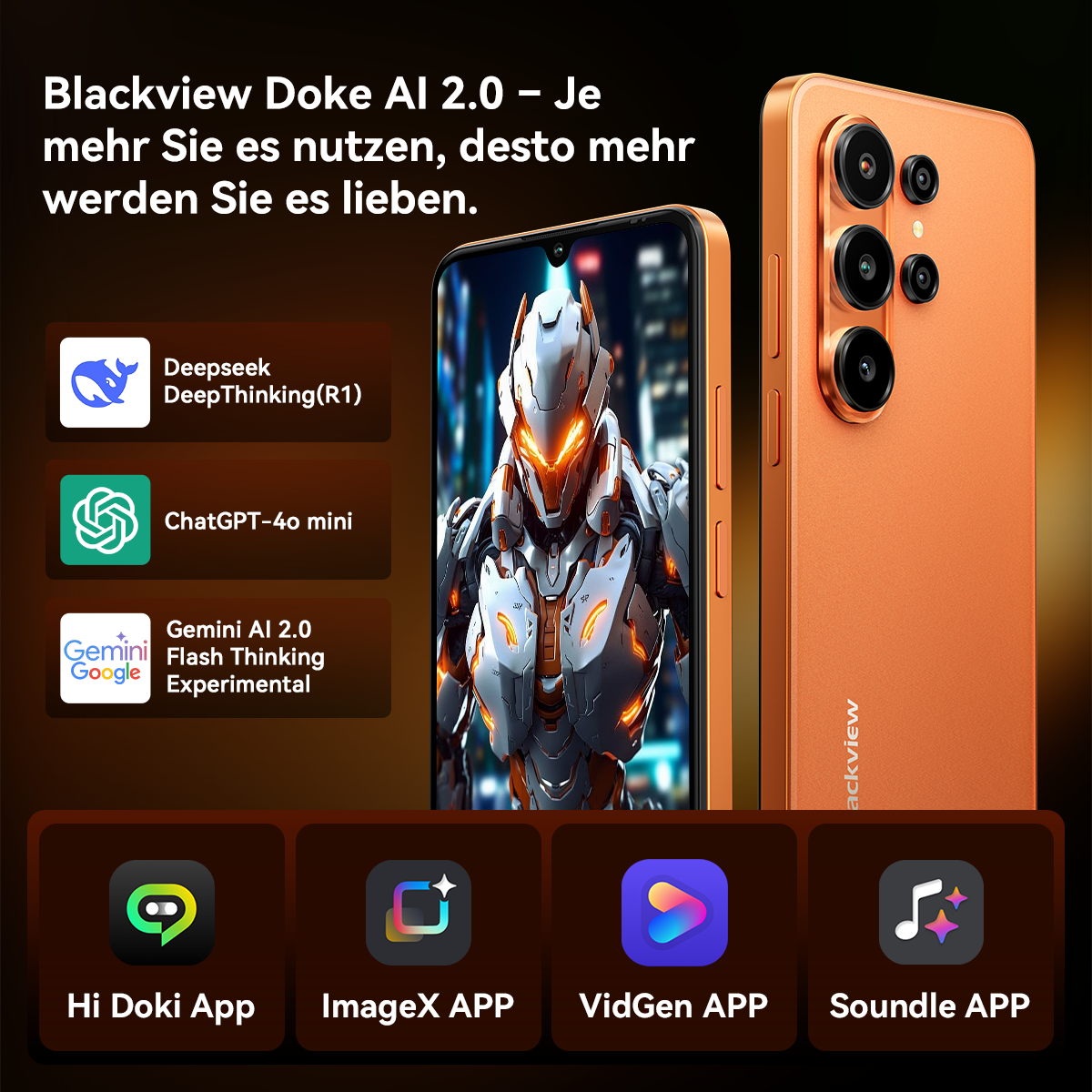 Orange Blackview Handy mit KI-Apps und einer Roboter-Illustration.