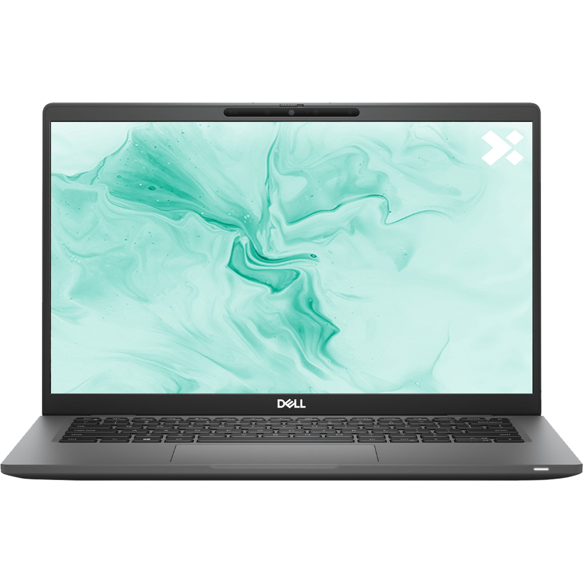 Een gesloten grijze Dell laptop met een mintgroen marmeren achtergrond.