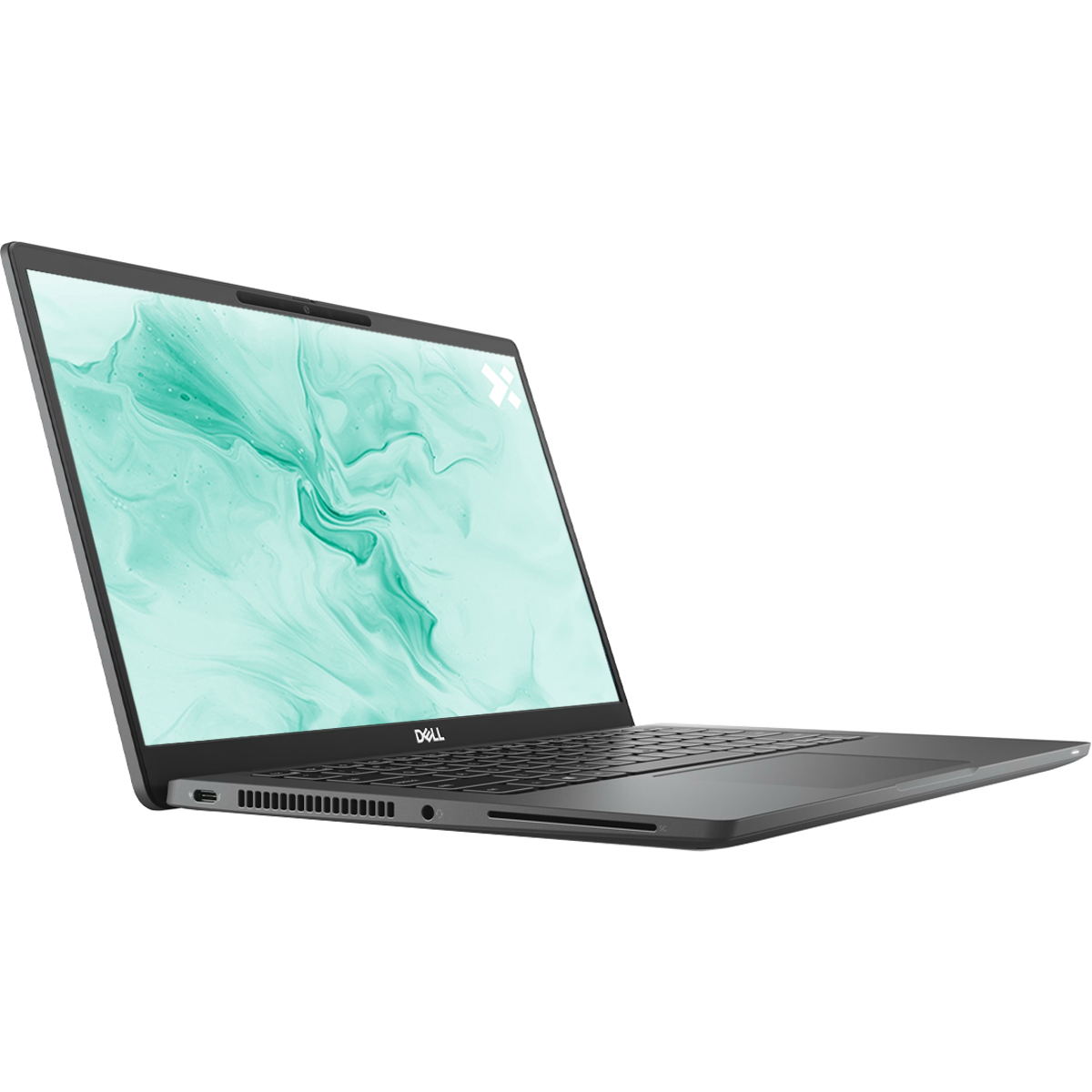 Een open grijze Dell laptop met een groen-witte achtergrondafbeelding.