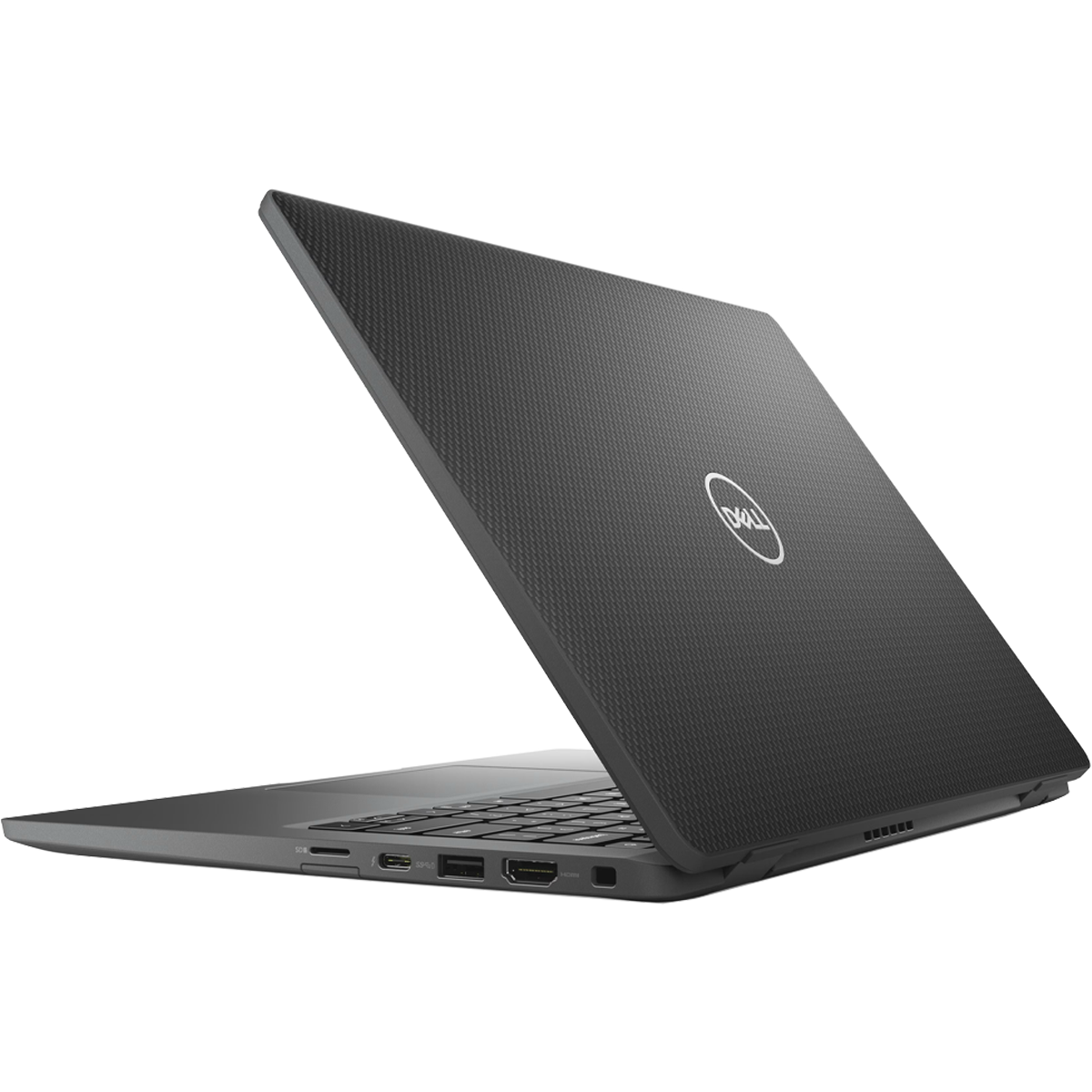 Een zwarte Dell laptop met een getextureerd deksel en verlicht logo, open getoond.