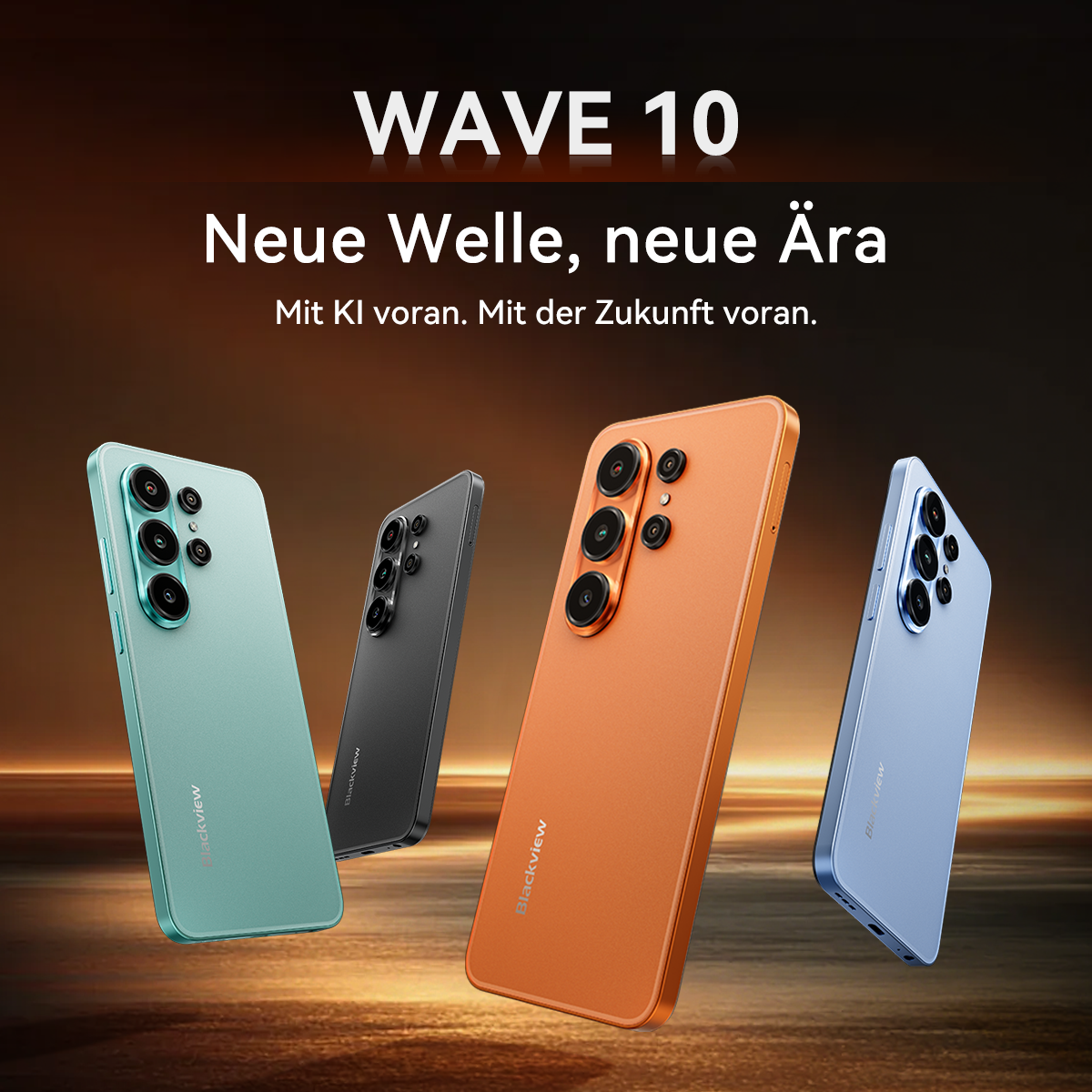 Vier Blackview Handys in Mint, Schwarz, Orange und Blau.